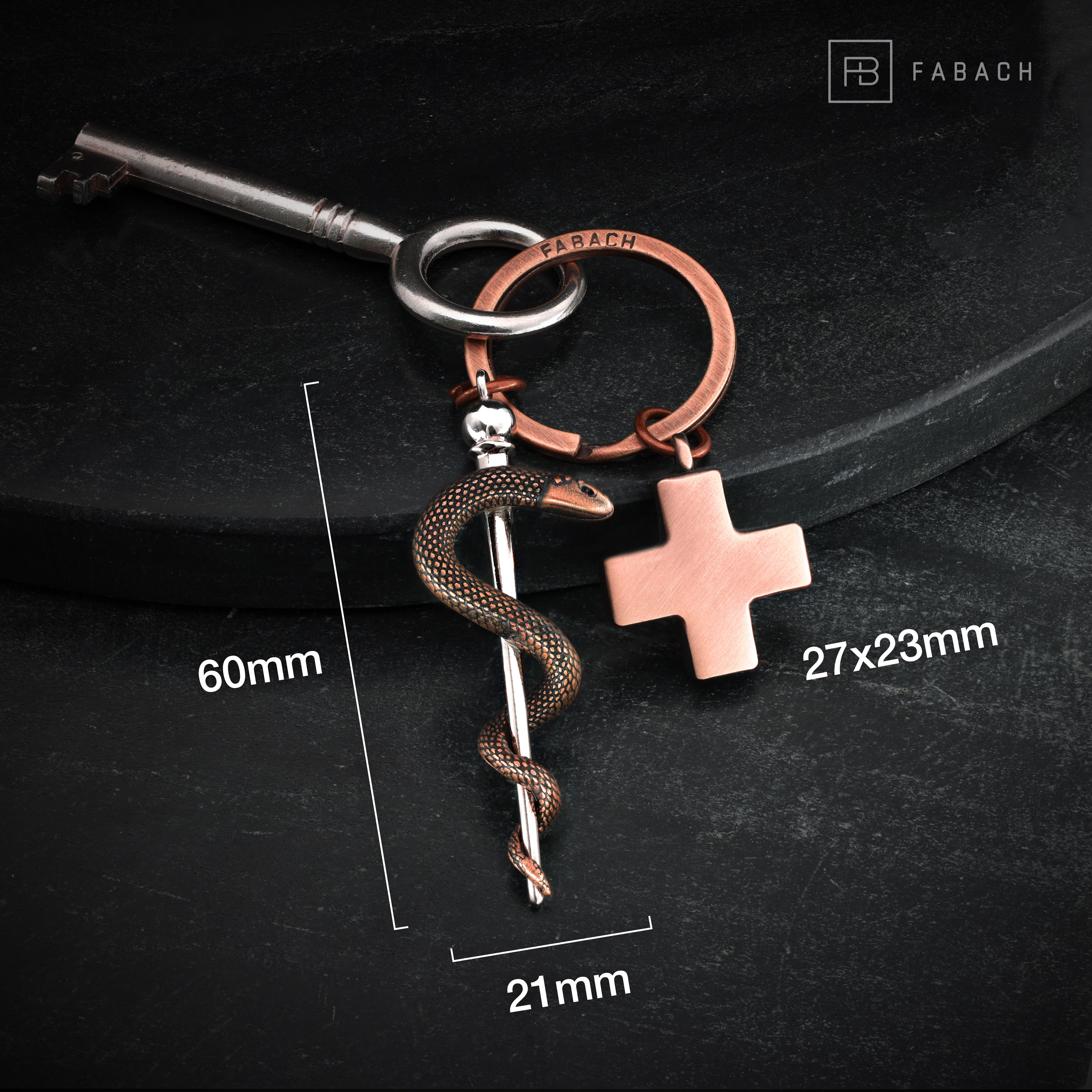 "Asklepiosstab" Schlüsselanhänger mit medizinischem Kreuz - Äskulapstab als Geschenk für Arzt Pfleger Krankenschwester - FABACH#Farbe_Antique Roségold