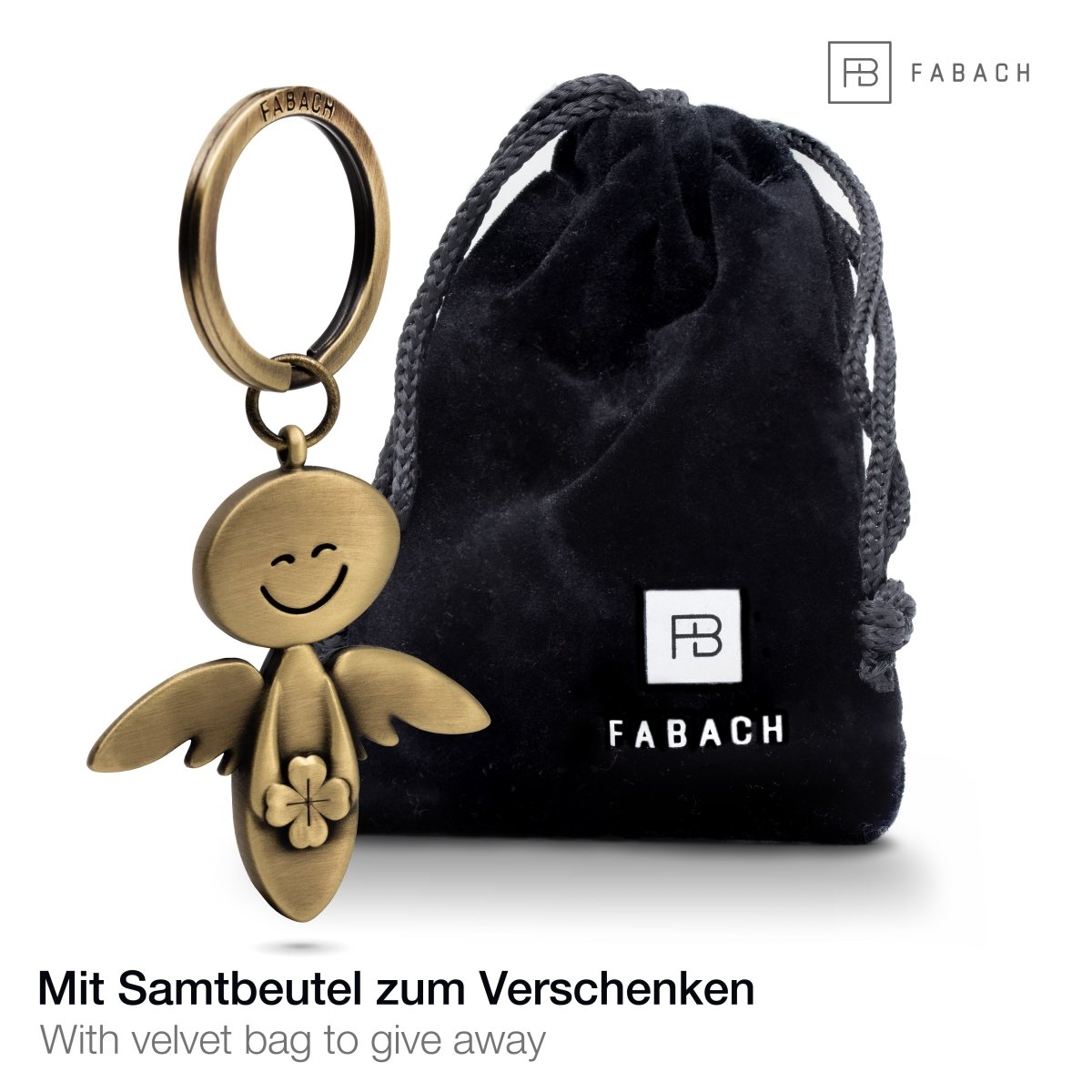 "Smile" mit Kleeblatt - Schutzengel Schlüsselanhänger - Engel Glücksbringer - Viel Glück Glücksengel - FABACH#farbe_antique bronze