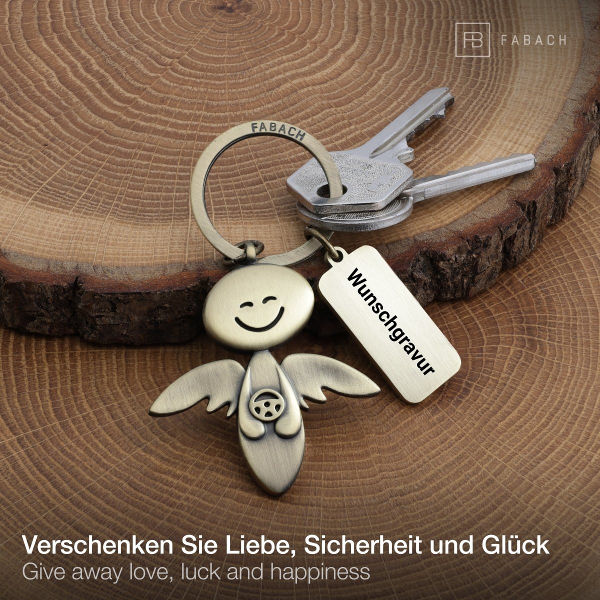 "Smile" mit Lenkrad - Schutzengel Schlüsselanhänger - Engel Glücksbringer - FABACH#farbe_antique bronze#personalisierung_mit gravur (+5.00€)
