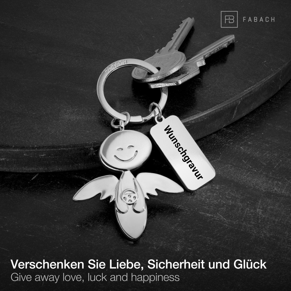 "Smile" mit Lenkrad - Schutzengel Schlüsselanhänger - Engel Glücksbringer - FABACH#farbe_silber#personalisierung_mit gravur (+5.00€)
