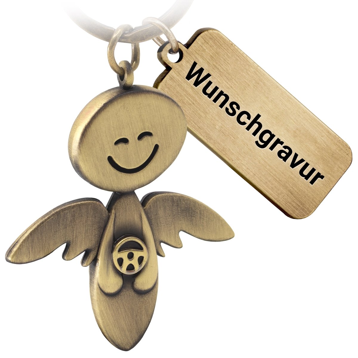 "Smile" mit Lenkrad - Schutzengel Schlüsselanhänger - Engel Glücksbringer - FABACH#farbe_antique bronze#personalisierung_mit gravur (+5.00€)