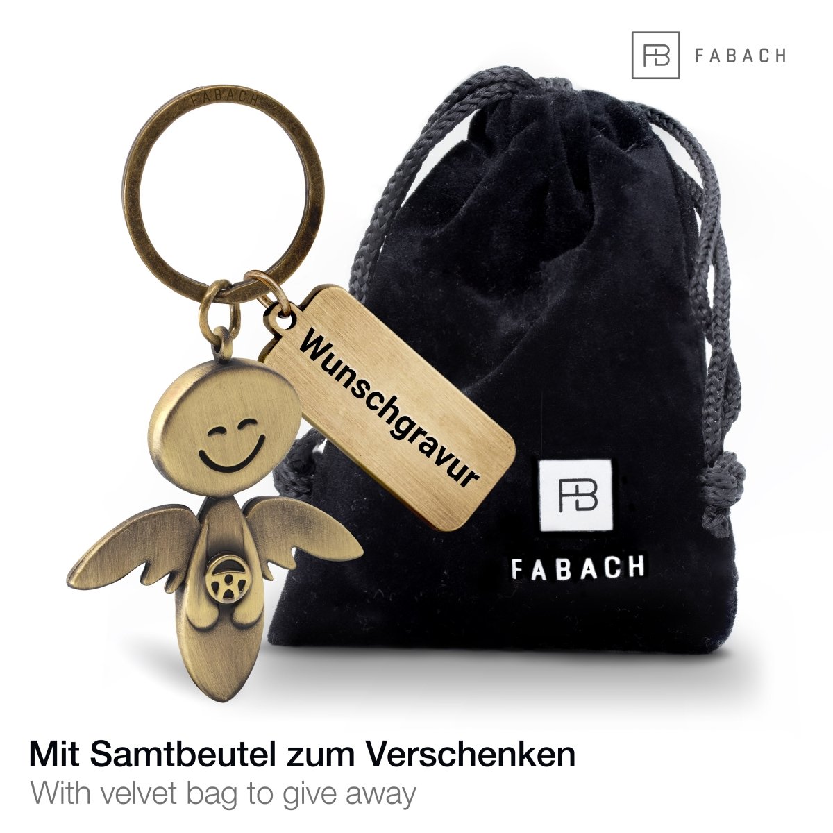 "Smile" mit Lenkrad - Schutzengel Schlüsselanhänger - Engel Glücksbringer - FABACH#farbe_antique bronze#personalisierung_mit gravur (+5.00€)