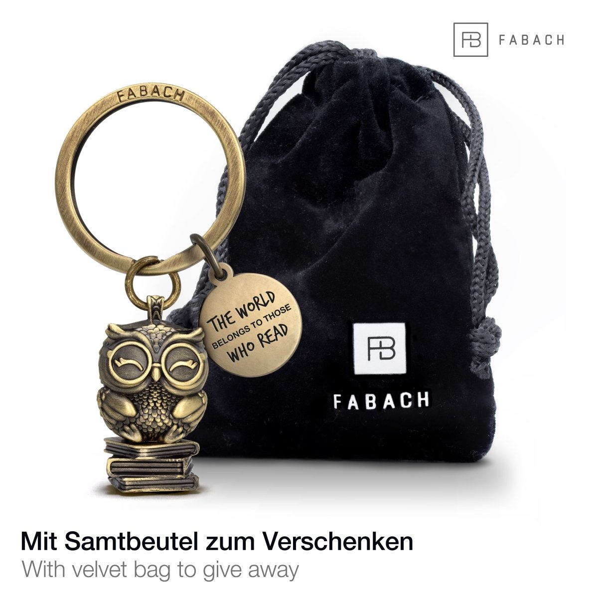 "The world belongs to those who read" Eule Schlüsselanhänger Büchereule "Bookowl" mit Gravur - Süße Eule Glücksbringer - FABACH#farbe_antique bronze