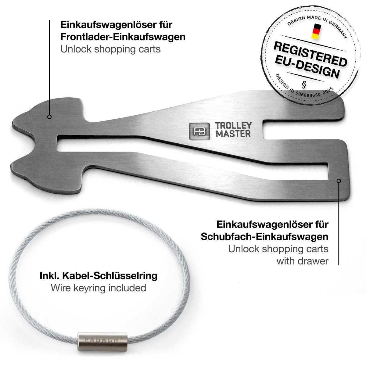 "Trolley Master Stainless Steel Series" - Der erste Einkaufswagenlöser für alle Einkaufswagen - Das Original bald auch in Edelstahl - FABACH#farbe_silber