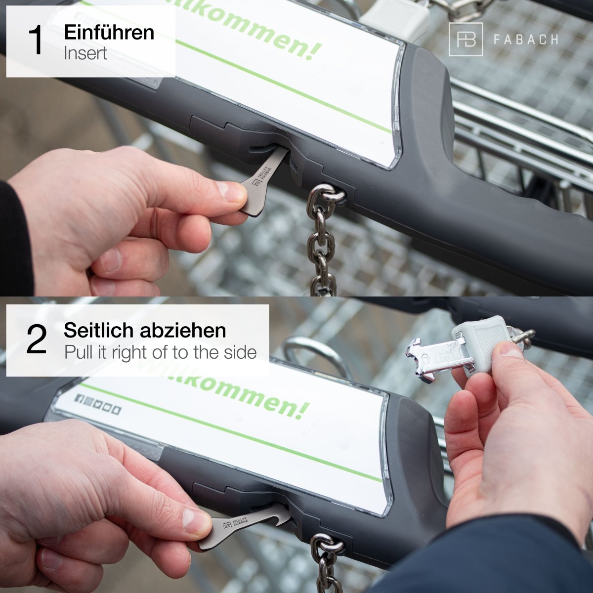 "Trolley Piranha" (schwarz) Stabiler abziehbarer Einkaufswagenlöser aus Metalllegierung - FABACH
