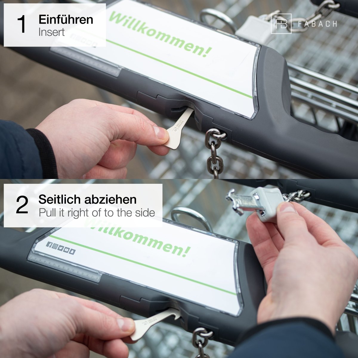 "Trolley Piranha" (silber) Stabiler abziehbarer Einkaufswagenlöser aus Metalllegierung - FABACH