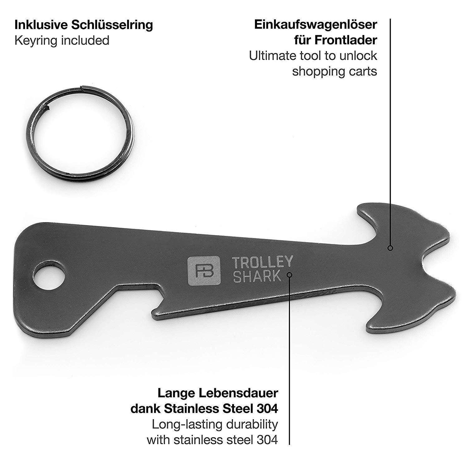 "Trolley Shark" (schwarz) Einkaufswagenlöser Schlüsselanhänger mit Flaschenöffner - FABACH