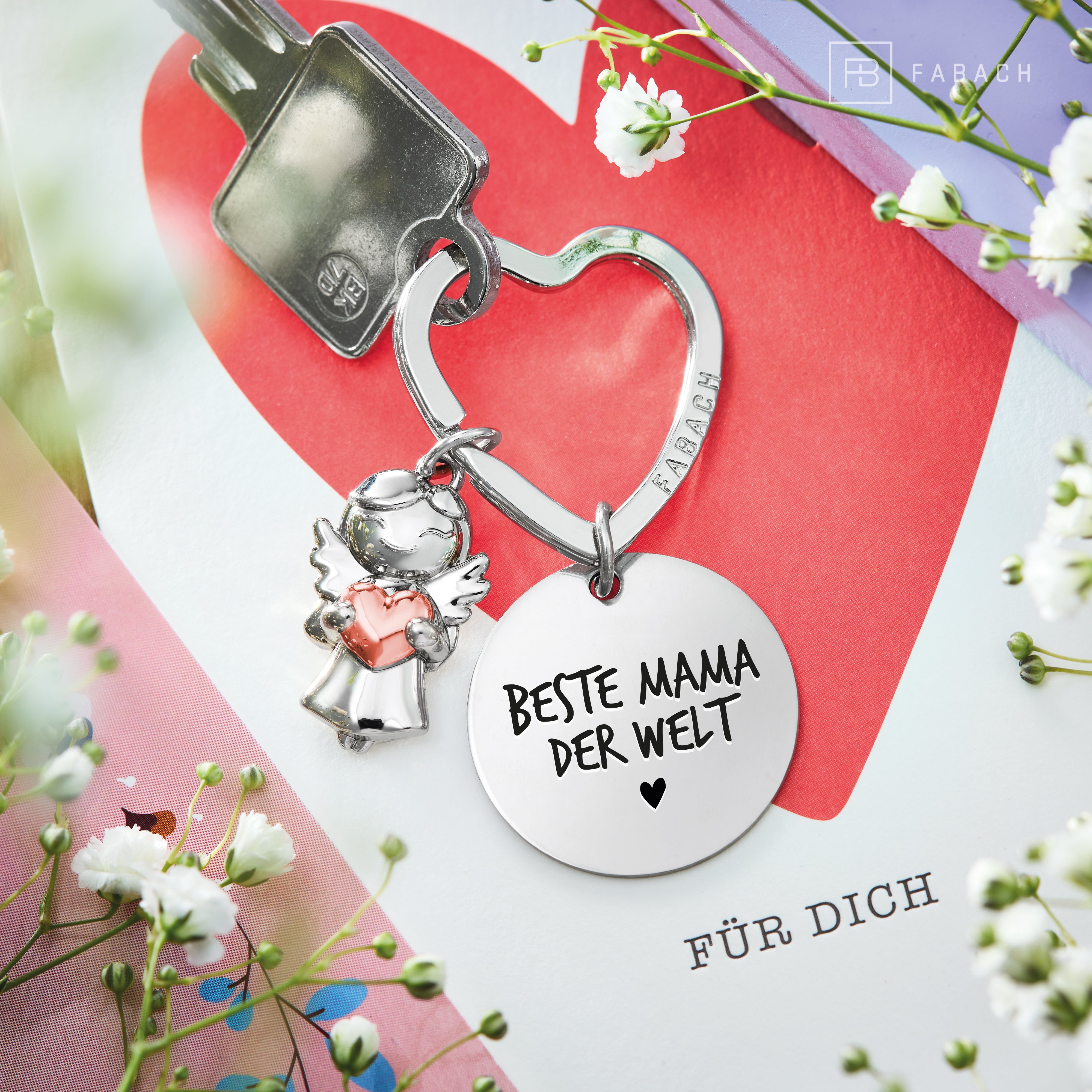 "Beste Mama" Schutzengel Schlüsselanhänger - Schutzengel mit Herz und Gravur Plättchen mit liebevoller Botschaft - FABACH#botschaft_Beste Mama Der Welt