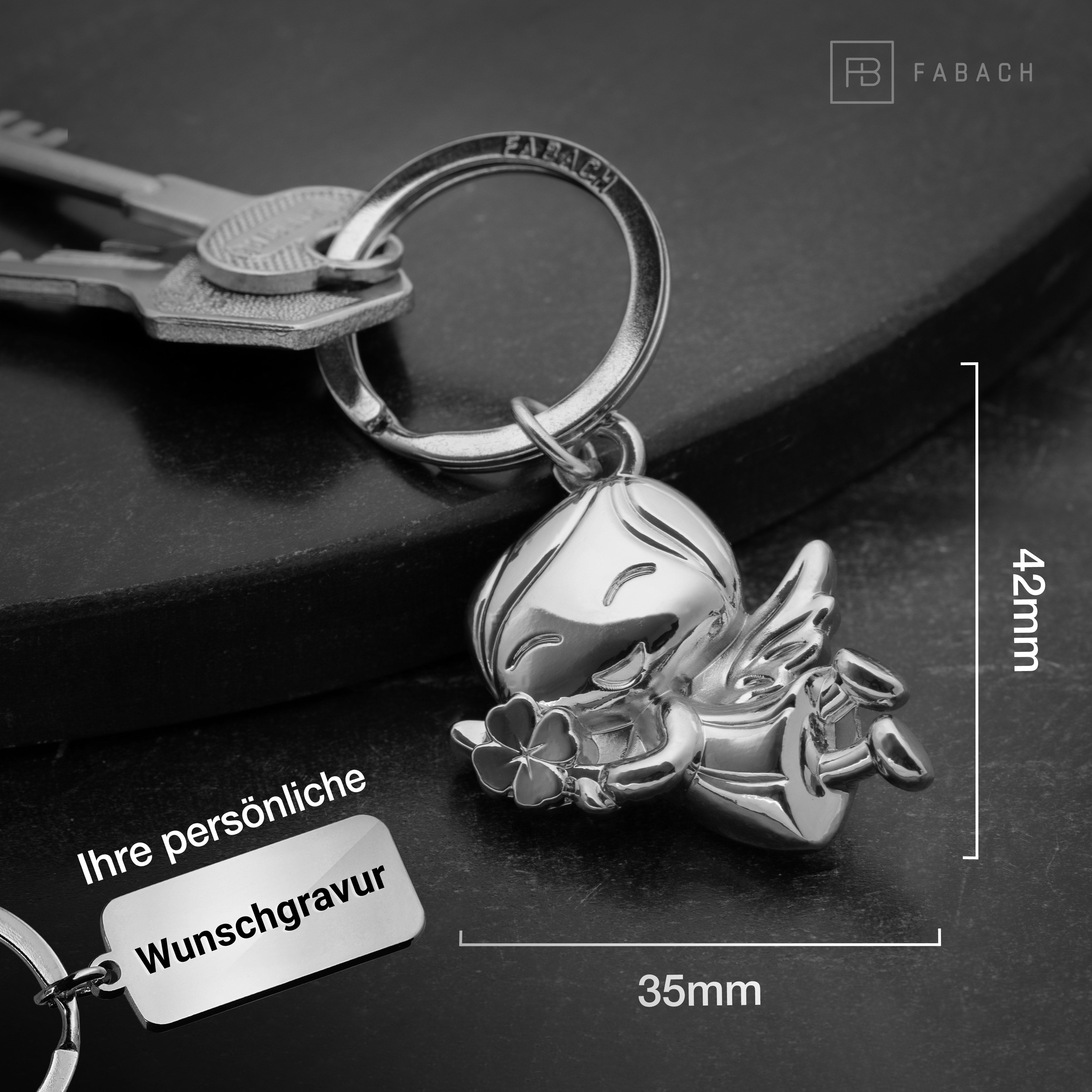 "Lucky" Schutzengel Schlüsselanhänger - Engel Glücksbringer - Viel Glück Glücksengel mit Kleeblatt - FABACH#farbe_silber#personalisierung_mit gravur (+5.00€)