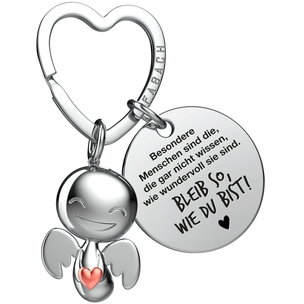 "Beste Freundin" Schutzengel Schlüsselanhänger - Schutzengel Happy mit Herz und Gravur Plättchen mit liebevoller Botschaft - FABACH#botschaft_Bleib so wie du bist