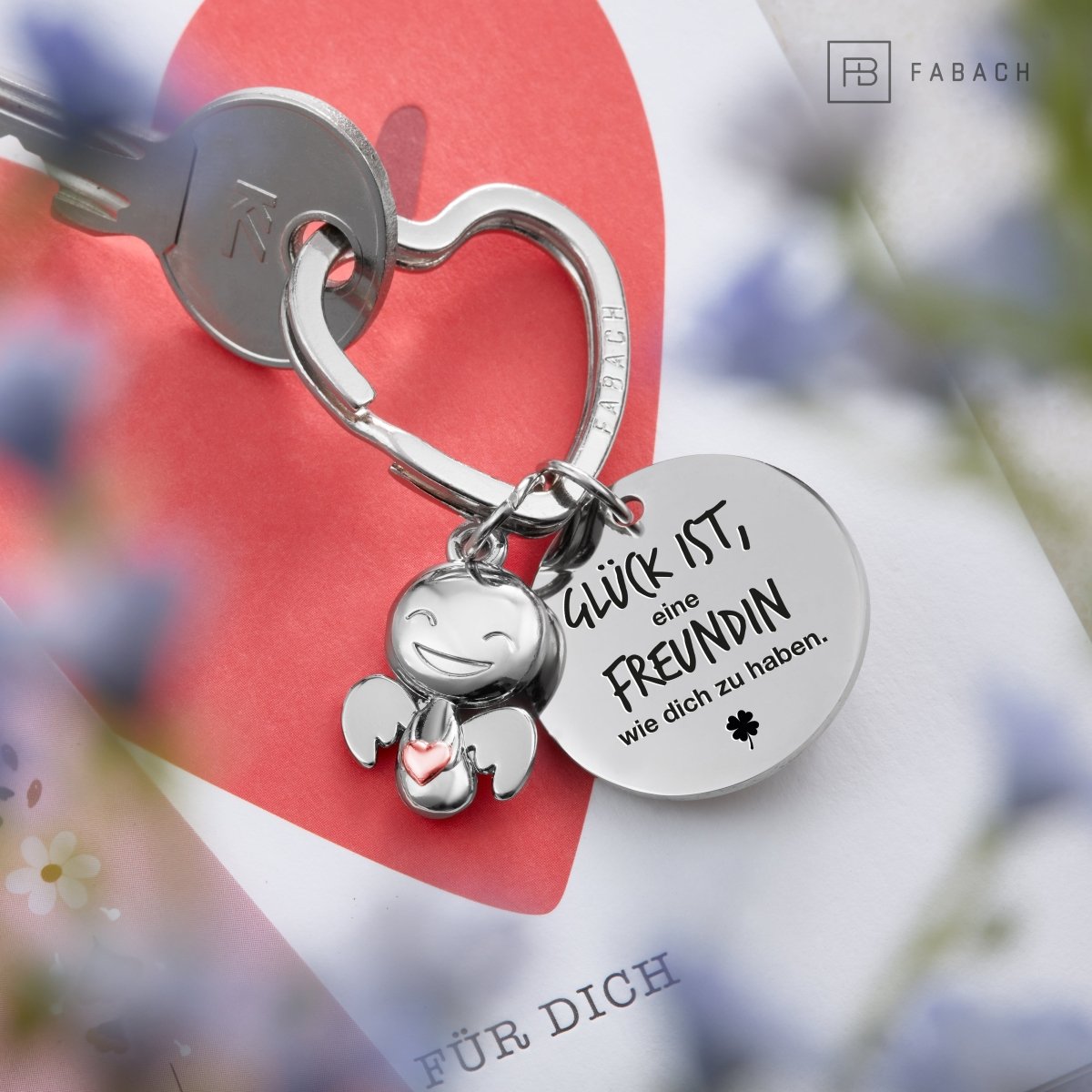 "Beste Freundin" Schutzengel Schlüsselanhänger - Schutzengel Happy mit Herz und Gravur Plättchen mit liebevoller Botschaft - FABACH#botschaft_Glück ist