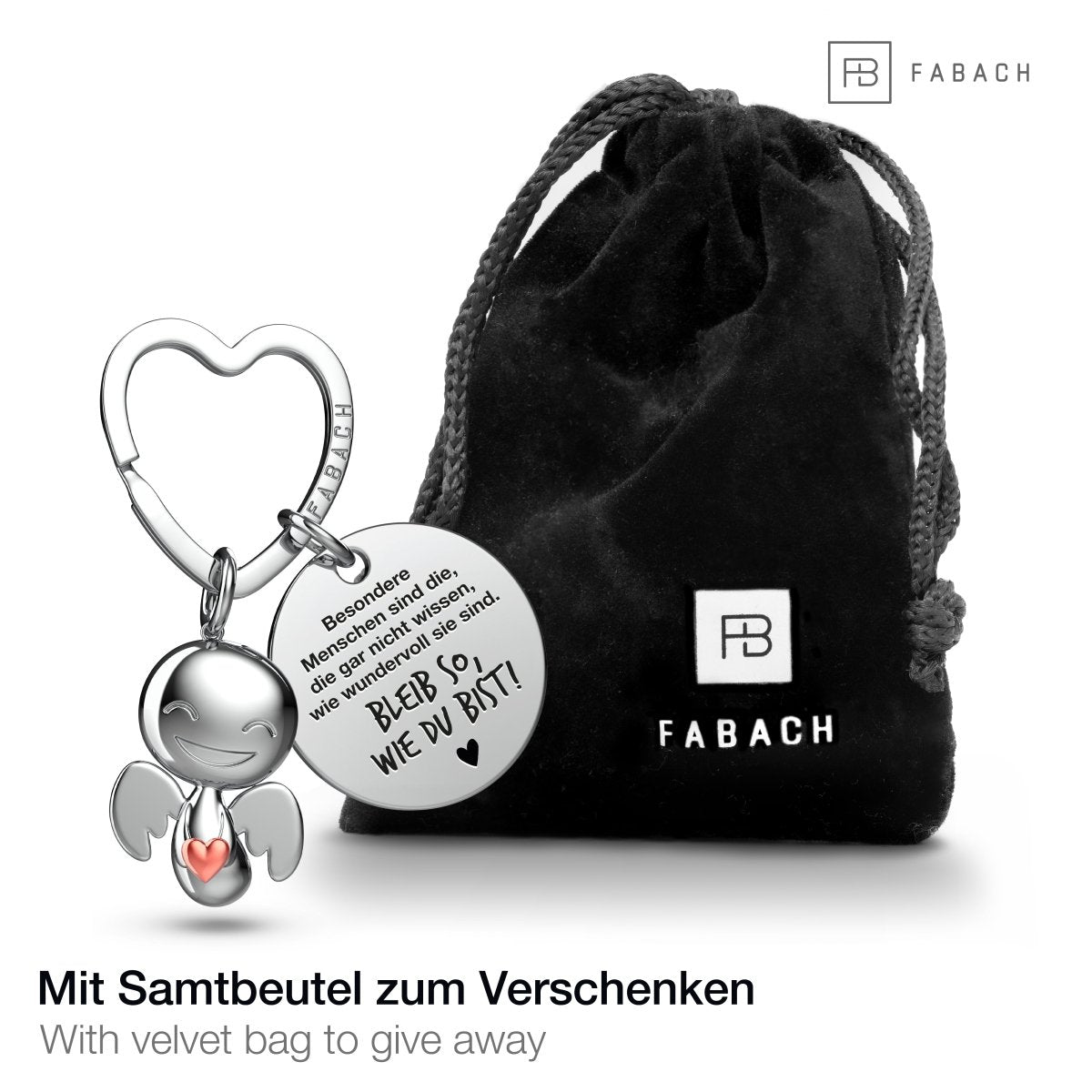 "Beste Freundin" Schutzengel Schlüsselanhänger - Schutzengel Happy mit Herz und Gravur Plättchen mit liebevoller Botschaft - FABACH#botschaft_Bleib so wie du bist