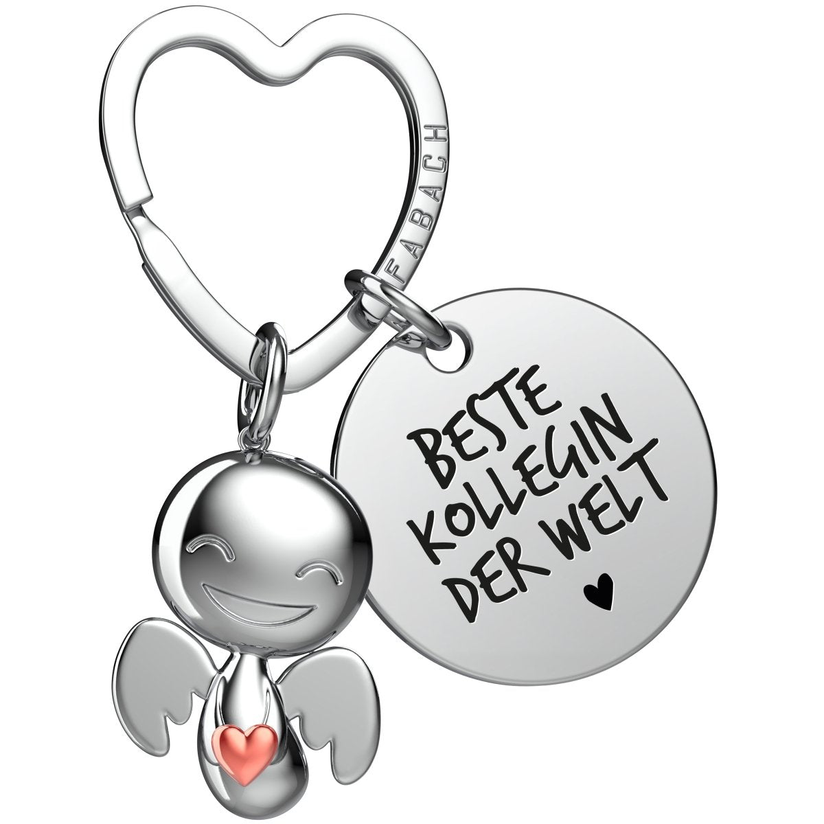 "Beste Kollegin" Schutzengel Schlüsselanhänger - Schutzengel Happy mit Herz und Gravur Plättchen mit liebevoller Botschaft - FABACH#botschaft_Beste Kollegin der Welt