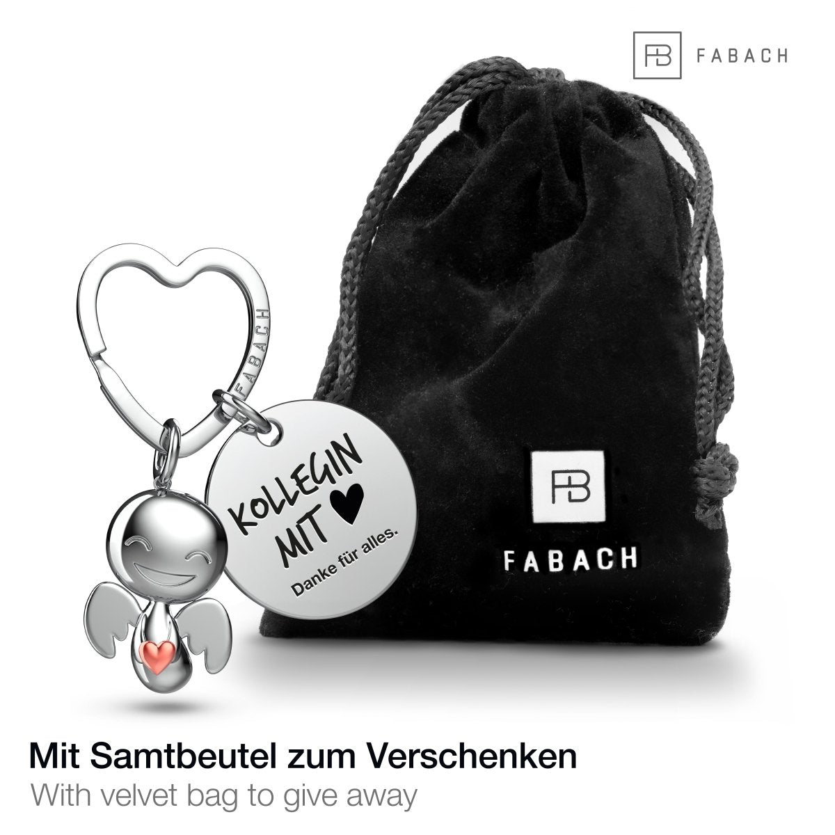 "Beste Kollegin" Schutzengel Schlüsselanhänger - Schutzengel Happy mit Herz und Gravur Plättchen mit liebevoller Botschaft - FABACH#botschaft_Kollegin mit Herz