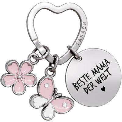 "Beste Mama" Schlüsselanhänger mit Gravur - Blume & Schmetterling und Plättchen mit liebevoller Botschaft