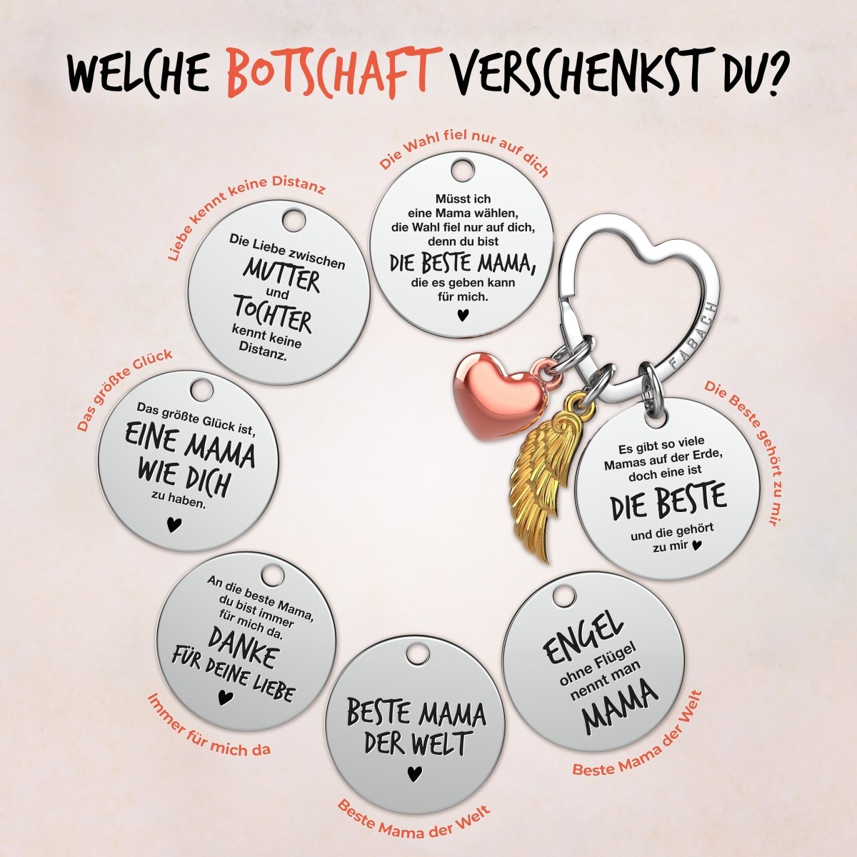 "Beste Mama" Schutzengel Schlüsselanhänger - Engelsflügel Herz Glücksbringer und Gravur Plättchen mit liebevoller Botschaft - FABACH – Die Schlüsselanhänger - Schmiede