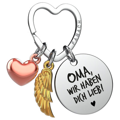 "Beste Oma" Schutzengel Schlüsselanhänger - Engelsflügel Herz Glücksbringer und Gravur Plättchen mit liebevoller Botschaft