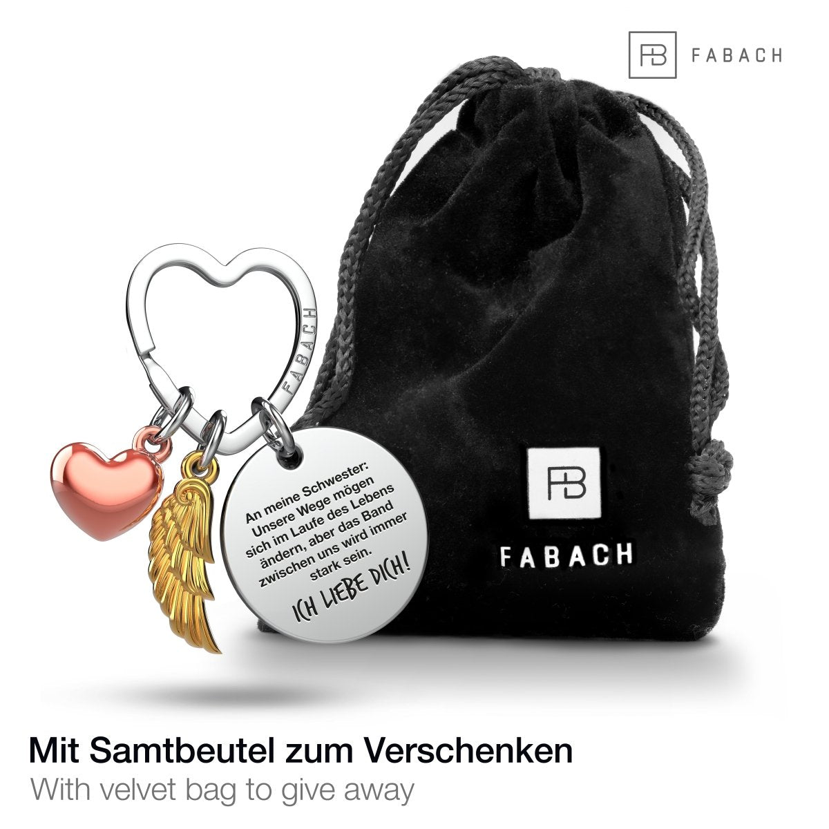 "Beste Schwester" Schutzengel Schlüsselanhänger - Engelsflügel Herz Glücksbringer und Gravur Plättchen mit liebevoller Botschaft - FABACH#botschaft_Das Band Zwischen Uns