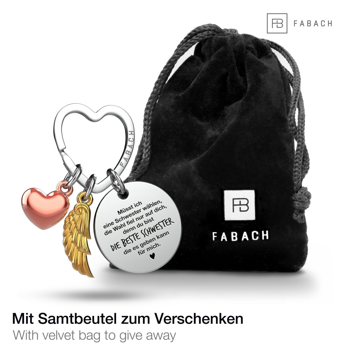 "Beste Schwester" Schutzengel Schlüsselanhänger - Engelsflügel Herz Glücksbringer und Gravur Plättchen mit liebevoller Botschaft - FABACH#botschaft_Die Wahl Fiel Nur Auf Dich