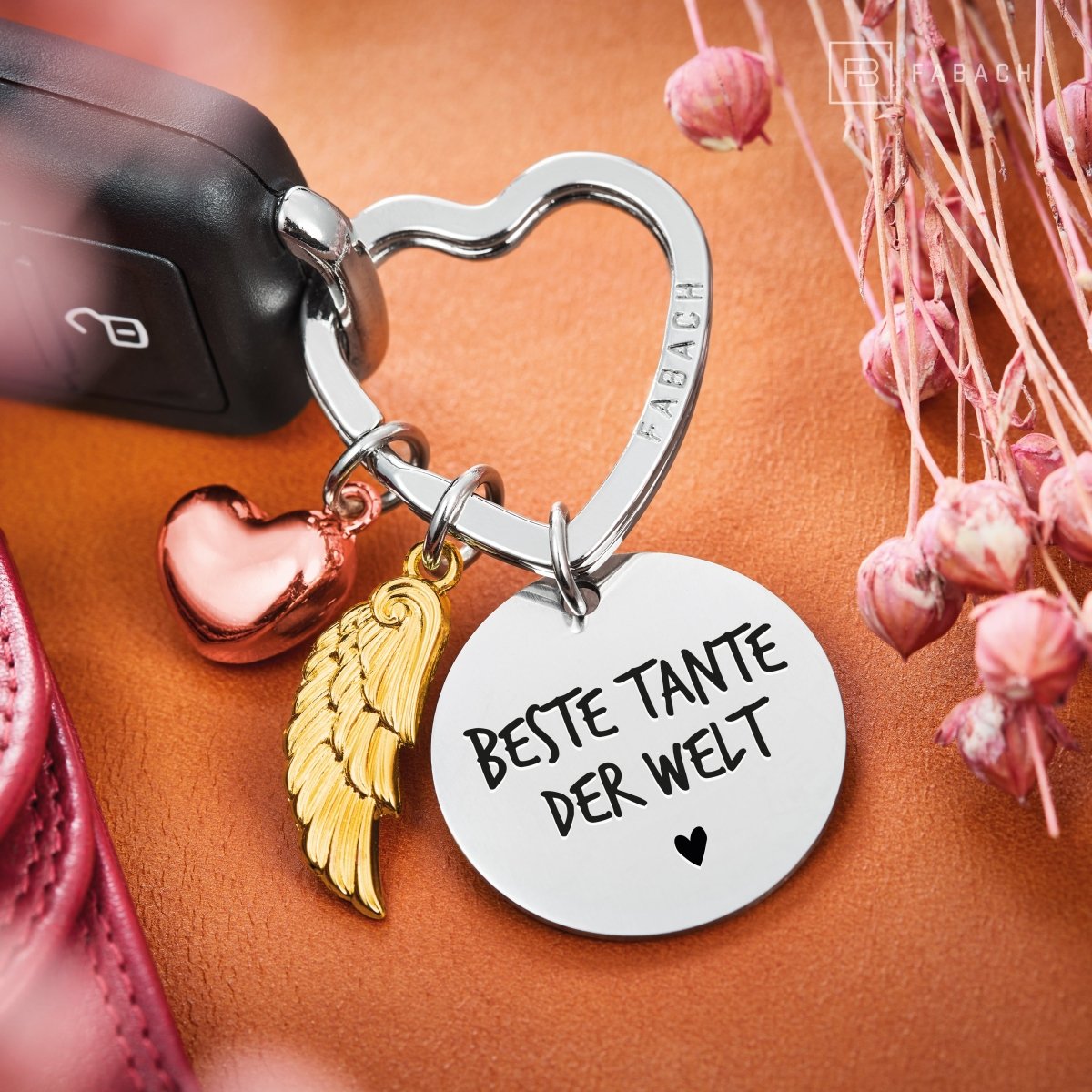 "Beste Tante" Schutzengel Schlüsselanhänger - Engelsflügel Herz Glücksbringer und Gravur Plättchen mit liebevoller Botschaft - FABACH#botschaft_Beste Tante Der Welt