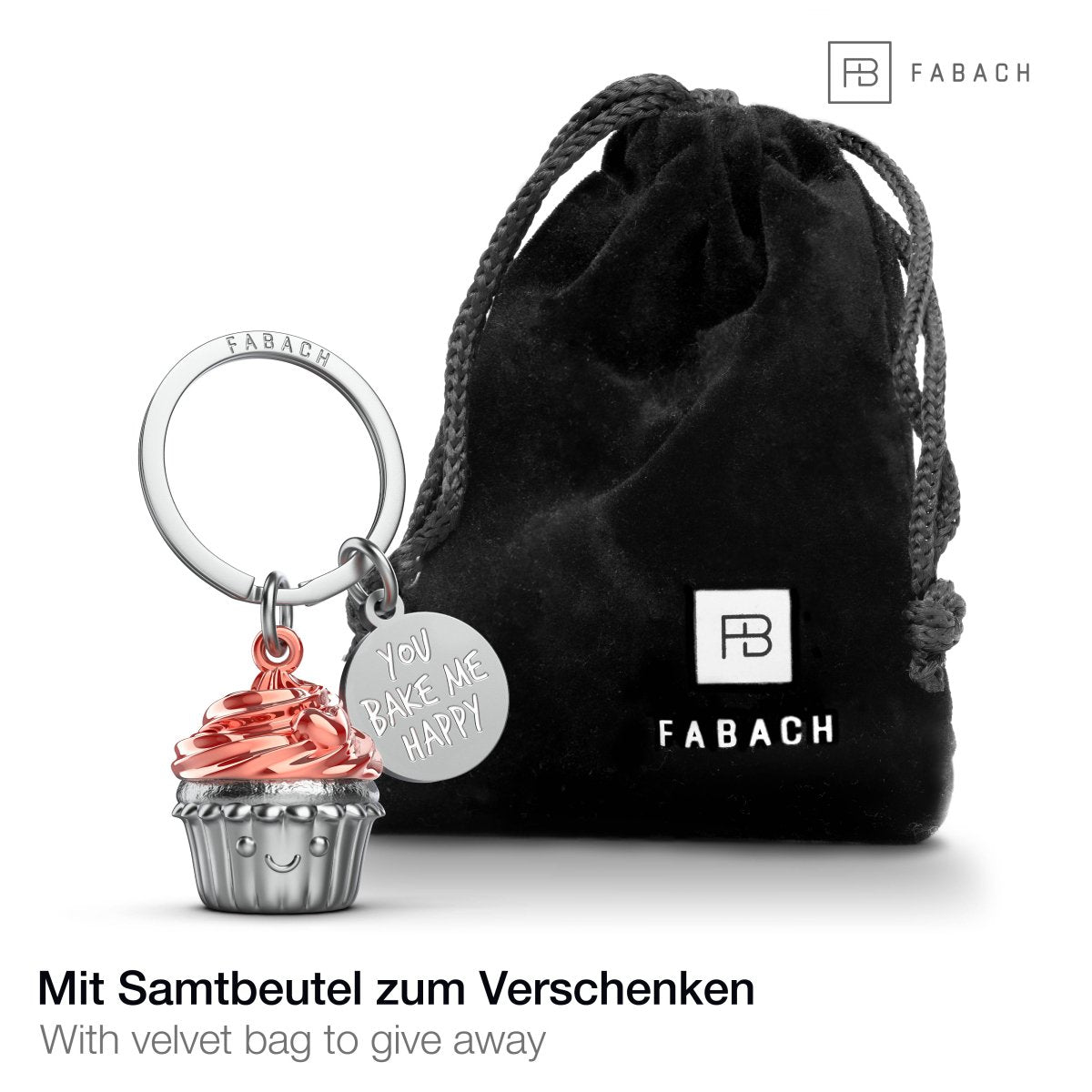 Cupcake Schlüsselanhänger "Sweety" - Glücksbringer Geschenk Partnerin Beste Freundin - Muffin Törtchen Glücksbringer mit Gravur "You bake me happy" - FABACH – Die Schlüsselanhänger - Schmiede