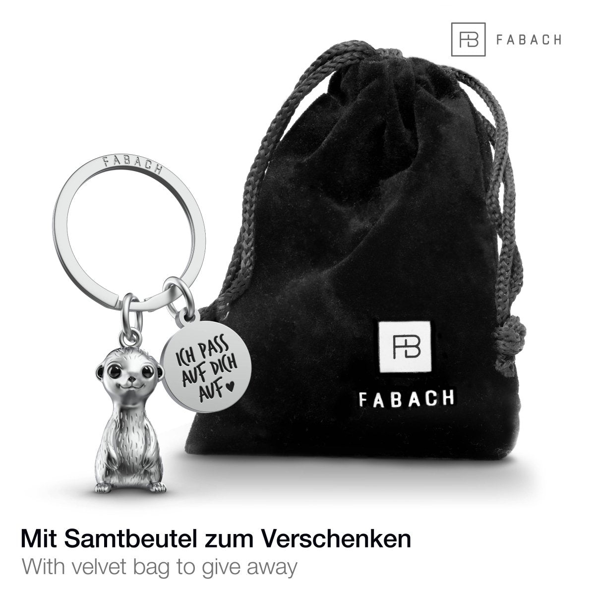 Erdmännchen Schlüsselanhänger "Sammy" mit Gravur - Meerkat Glücksbringer Geschenk mit Gravur "Pass auf dich auf" - FABACH – Die Schlüsselanhänger - Schmiede