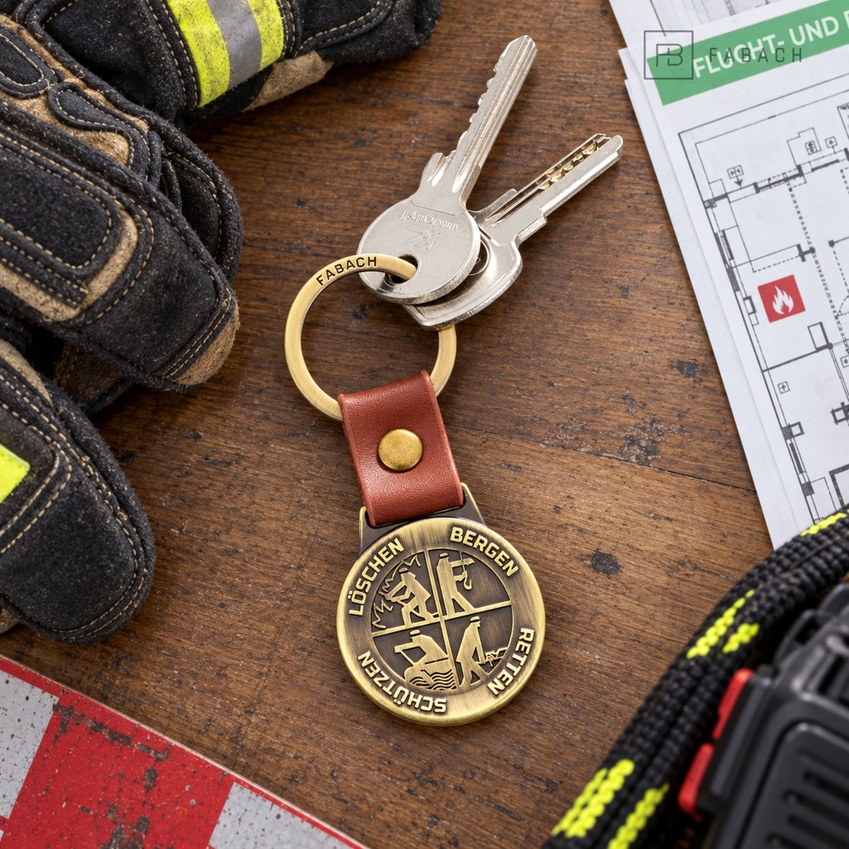 "Feuerwehr" Schlüsselanhänger - Plakette am Lederband mit "Retten Löschen Bergen Schützen" - Schlüsselanhänger für Feuerwehrleute - FABACH – Die Schlüsselanhänger-Schmiede