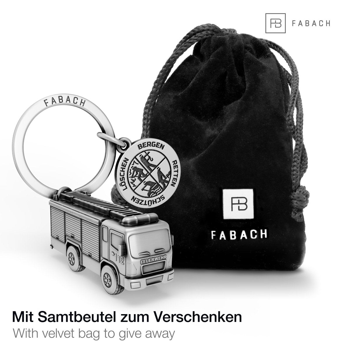 Feuerwehrauto Schlüsselanhänger mit Plakette - Glücksbringer für Feuerwehrleute - Dankeschön für Feuerwehrmann Feuerwehrfrau - FABACH – Die Schlüsselanhänger-Schmiede