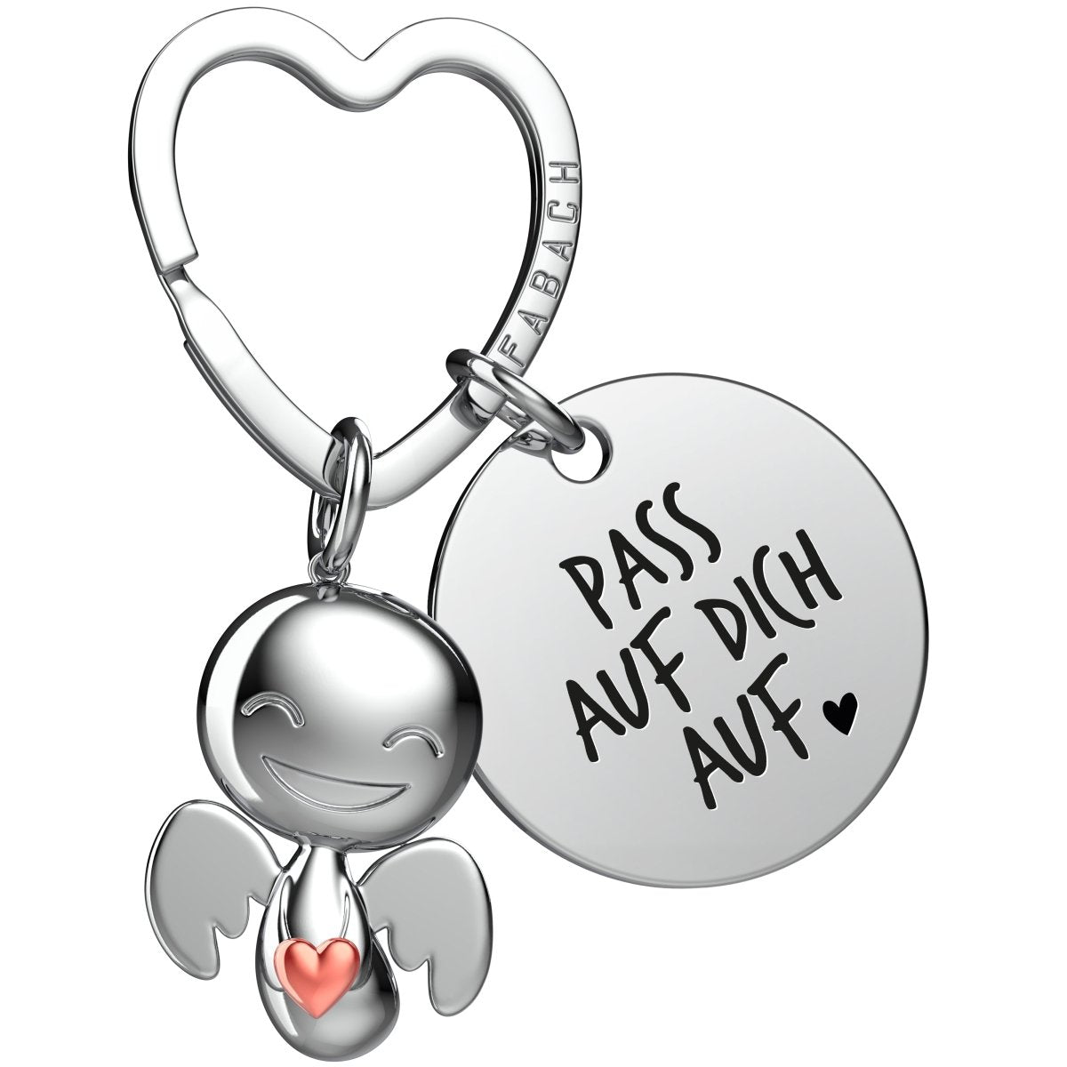 "Ich liebe dich" Schutzengel Schlüsselanhänger - Schutzengel Happy mit Herz und Gravur Plättchen mit liebevoller Botschaft - FABACH – Die Schlüsselanhänger - Schmiede