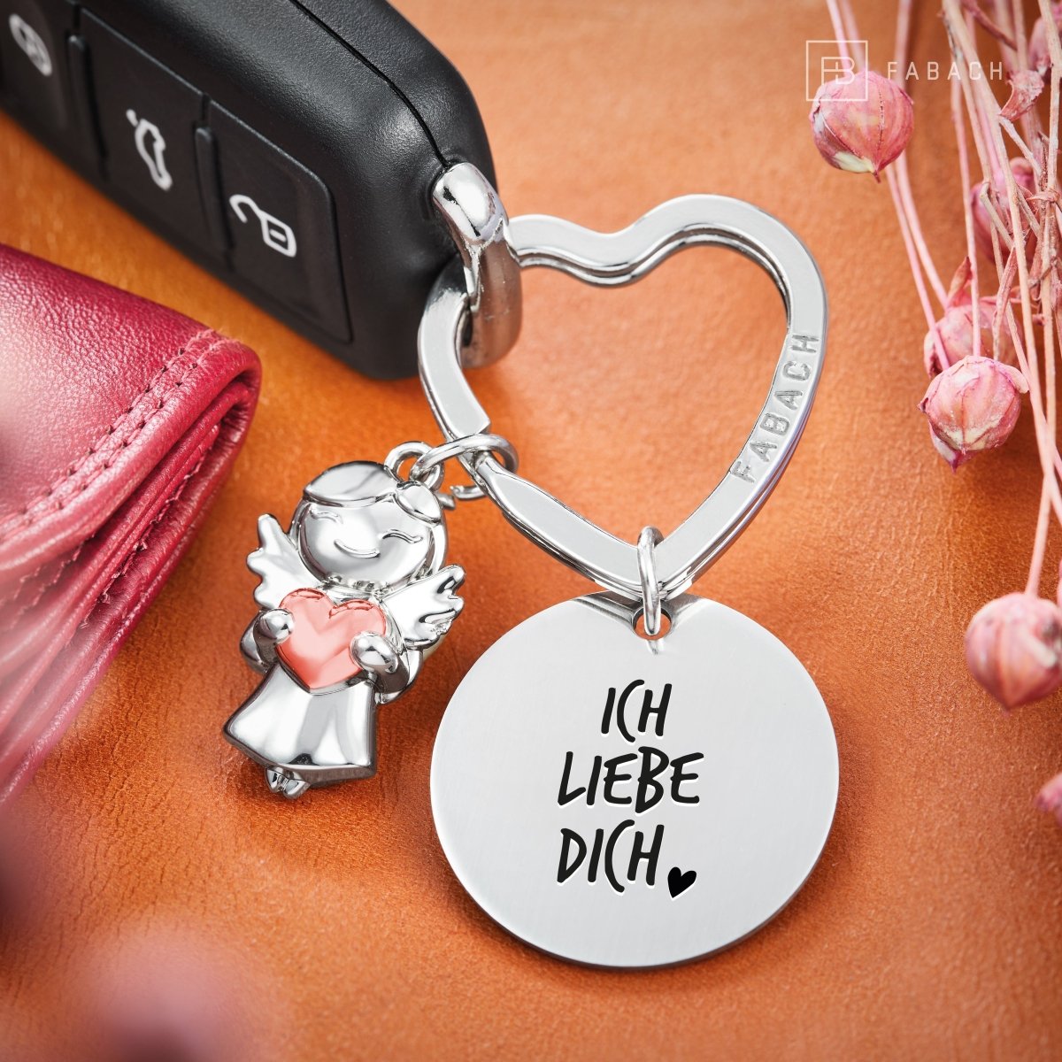 "Ich liebe dich" Schutzengel Schlüsselanhänger - Schutzengel mit Herz und Gravur Plättchen mit liebevoller Botschaft - FABACH#botschaft_Ich Liebe Dich