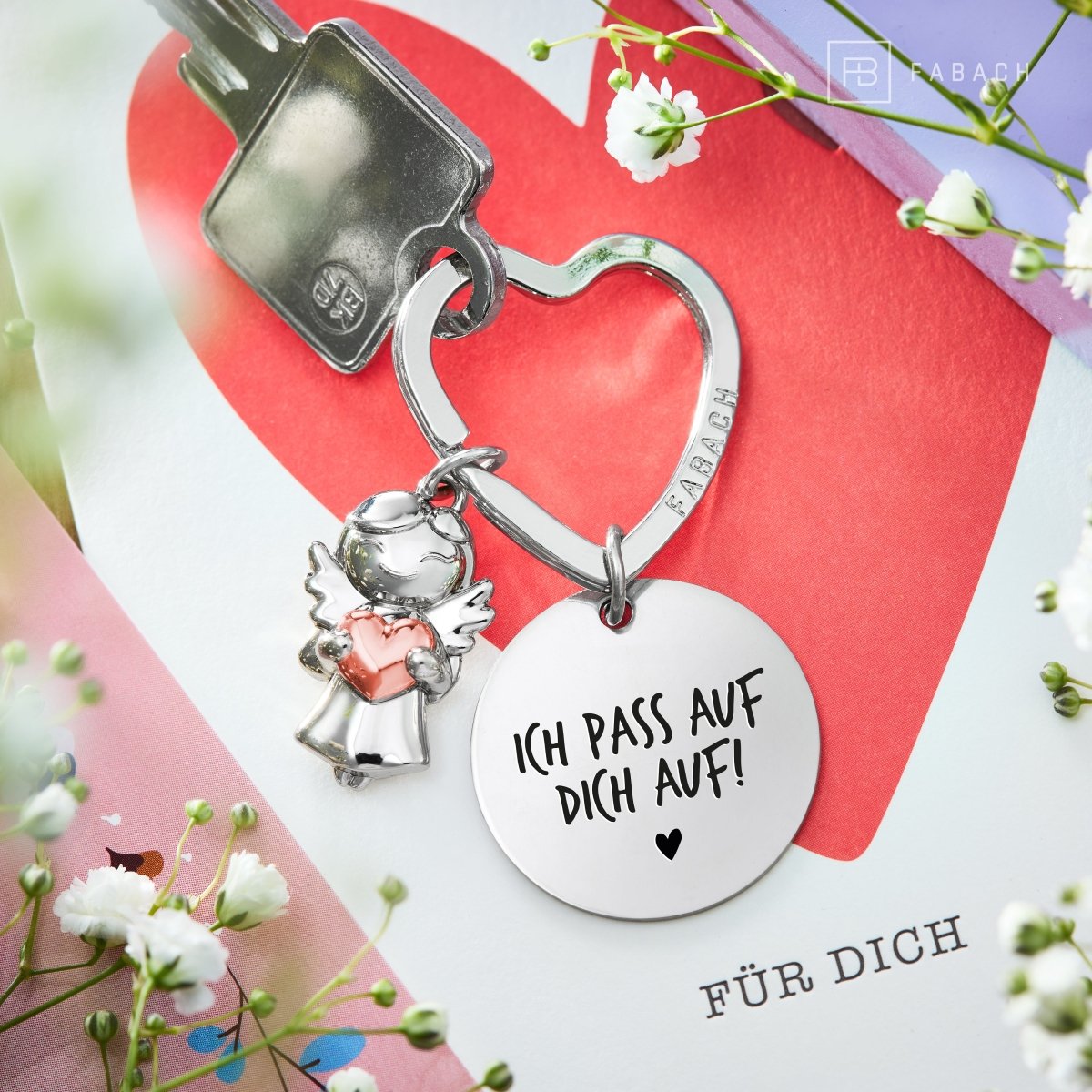 "Ich liebe dich" Schutzengel Schlüsselanhänger - Schutzengel Star mit Herz und Gravur Plättchen mit liebevoller Botschaft - FABACH#botschaft_Ich pass auf dich auf