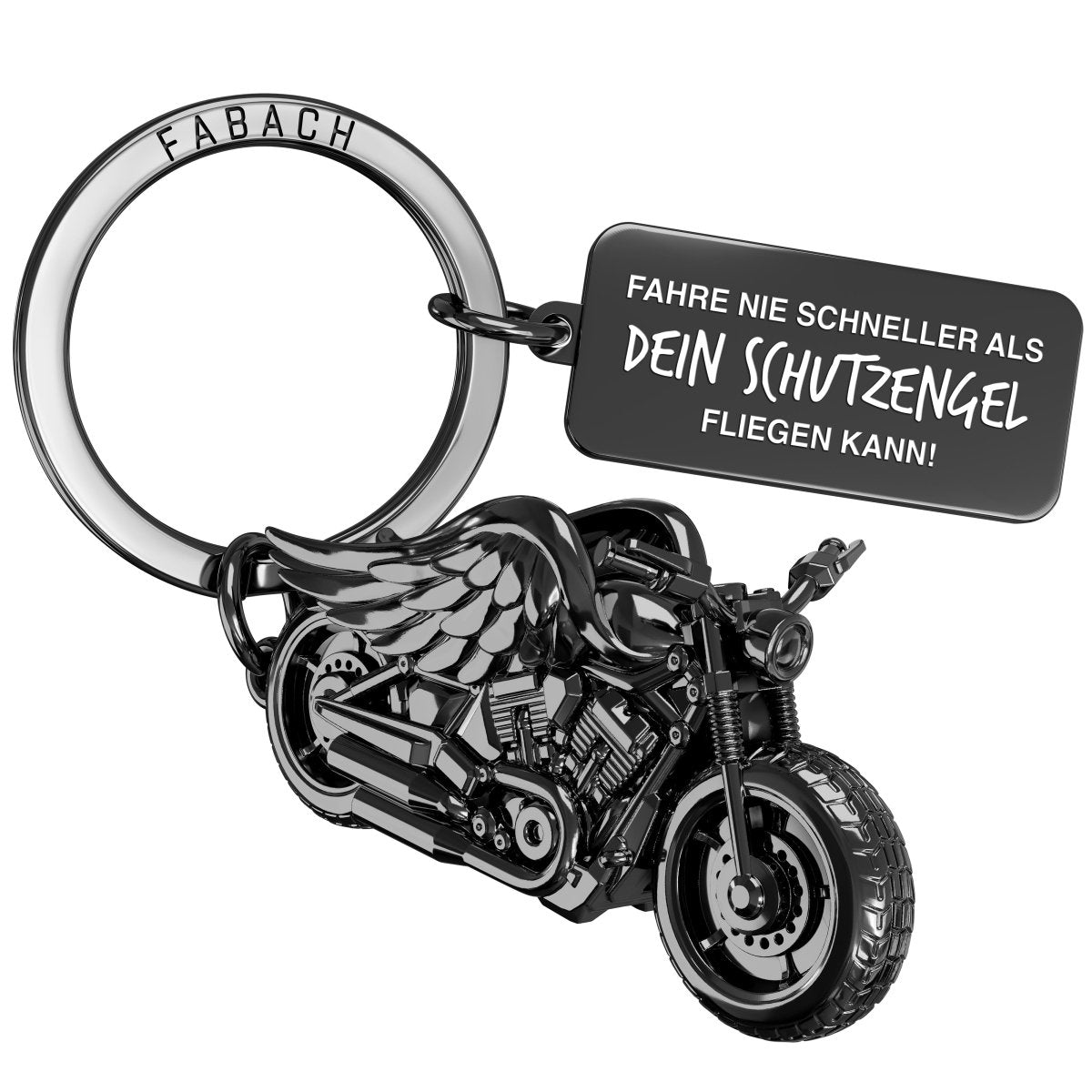Motorrad Schlüsselanhänger - Chopper mit Engelsflügeln - Glücksbringer für Motorradfahrer mit Gravur "Fahr nie schneller als dein Schutzengel" - FABACH – Die Schlüsselanhänger-Schmiede