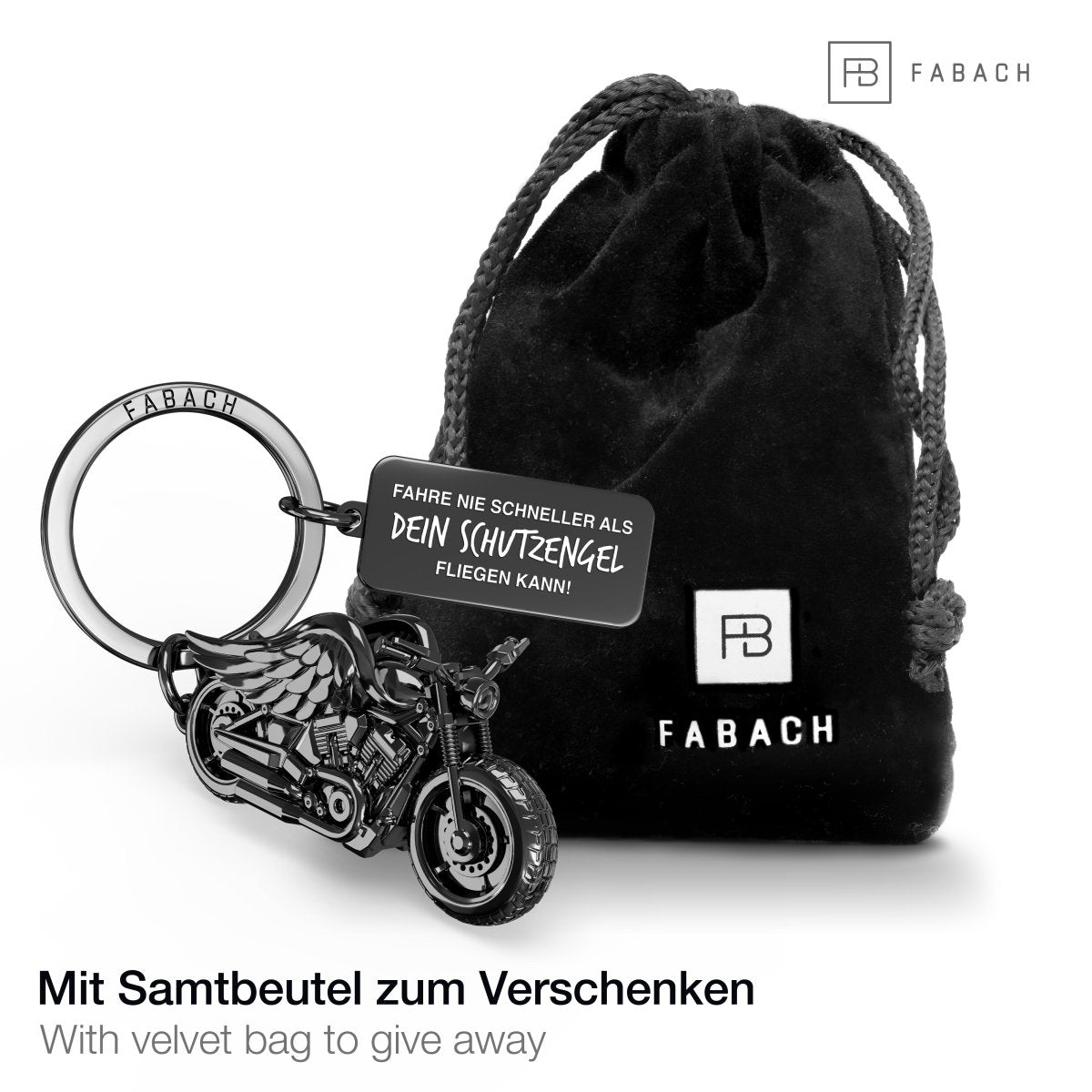 Motorrad Schlüsselanhänger - Chopper mit Engelsflügeln - Glücksbringer für Motorradfahrer mit Gravur "Fahr nie schneller als dein Schutzengel" - FABACH – Die Schlüsselanhänger-Schmiede