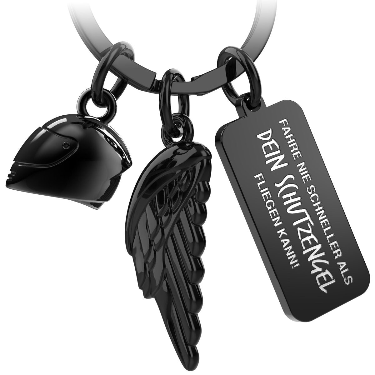Motorrad Schlüsselanhänger mit Motorradhelm, Engelsflügel und Gravur - Geschenk Motorradfahrer - Motorrad Glücksbringer - FABACH – Die Schlüsselanhänger - Schmiede