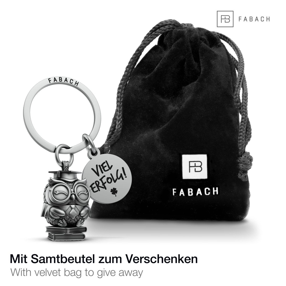 Viel Glück Schlüsselanhänger mit Eule und Gravur "Viel Erfolg" - Glücksbringer Abitur - Viel Erfolg Prüfung - FABACH – Die Schlüsselanhänger - Schmiede