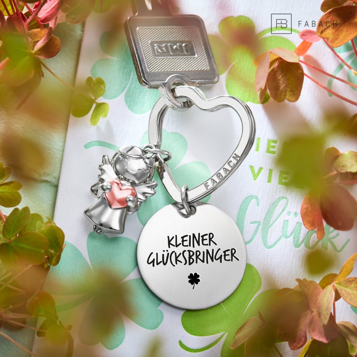 "Viel Glück" Schutzengel Schlüsselanhänger - Engelsflügel Herz Glücksbringer und Gravur Plättchen mit liebevoller Botschaft - FABACH#botschaft_Kleiner Glücksbringer