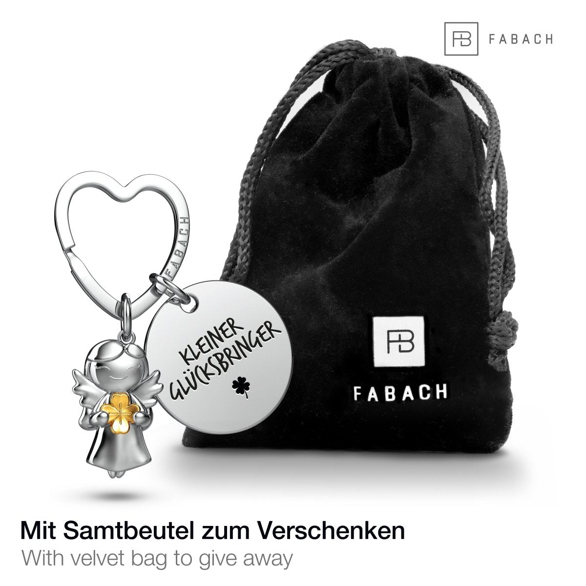 "Viel Glück" Schutzengel Schlüsselanhänger - Schutzengel Star mit Kleeblatt und Gravur Plättchen mit liebevoller Botschaft - FABACH#botschaft_Kleiner Glücksbringer