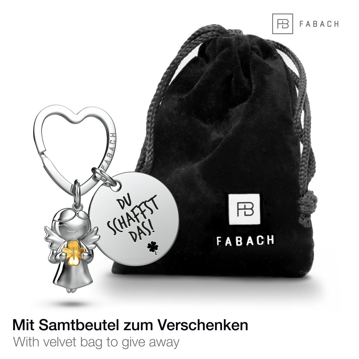 "Viel Glück" Schutzengel Schlüsselanhänger - Schutzengel Star mit Kleeblatt und Gravur Plättchen mit liebevoller Botschaft - FABACH#botschaft_Du schaffst das