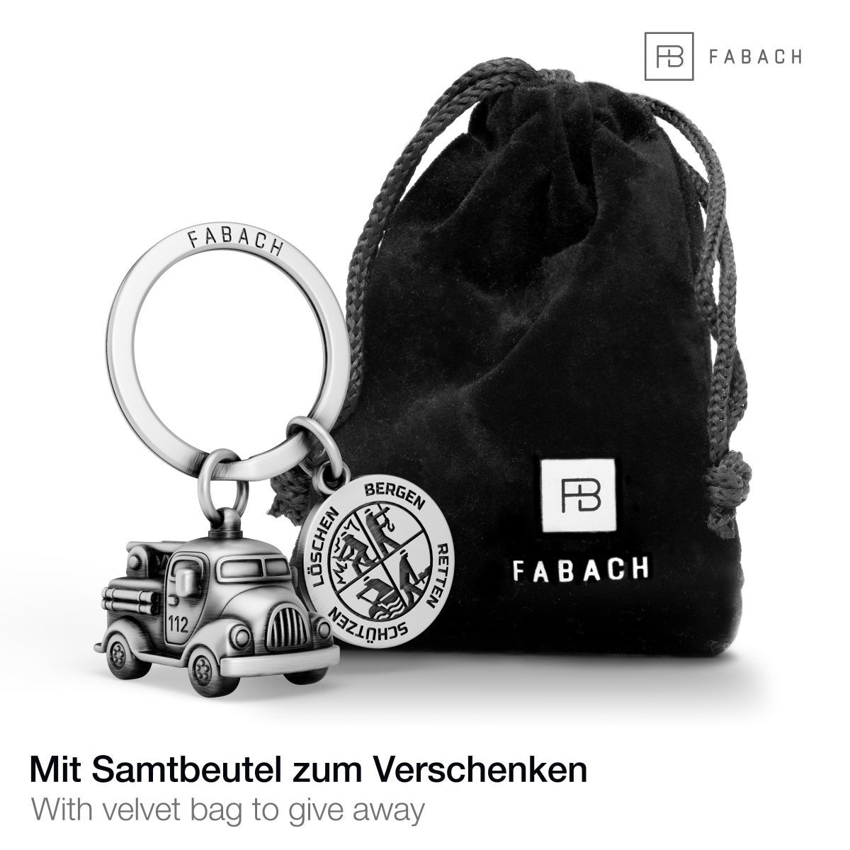 Vintage Feuerwehrauto Schlüsselanhänger mit Plakette - Glücksbringer für Feuerwehrleute - Dankeschön für Feuerwehrmann Feuerwehrfrau - FABACH – Die Schlüsselanhänger-Schmiede