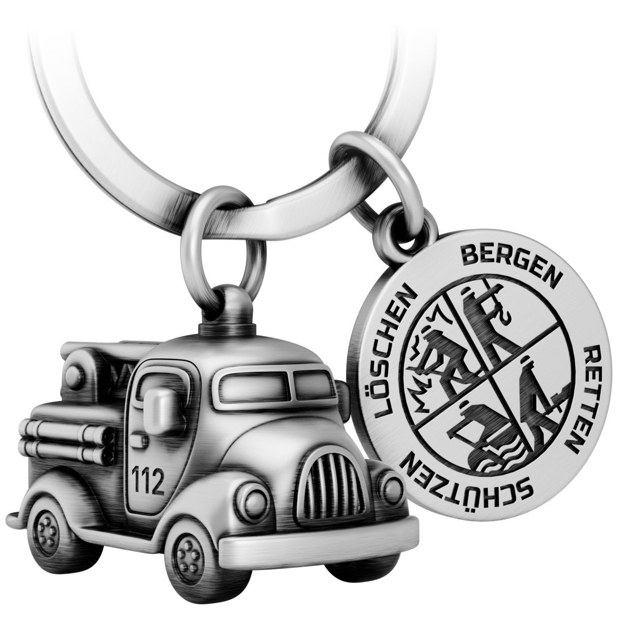 Vintage Feuerwehrauto Schlüsselanhänger mit Plakette - Glücksbringer für Feuerwehrleute - Dankeschön für Feuerwehrmann Feuerwehrfrau - FABACH – Die Schlüsselanhänger-Schmiede