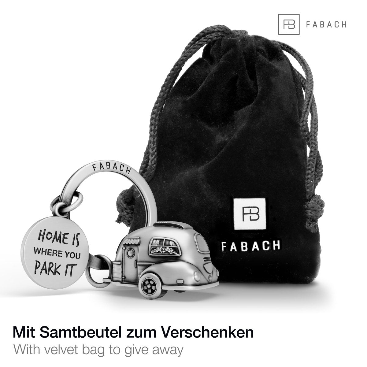 Wohnwagen-Schlüsselanhänger mit Gravur - Niedlicher Caravan Glücksbringer für Campingfans und Reisende - FABACH – Die Schlüsselanhänger-Schmiede