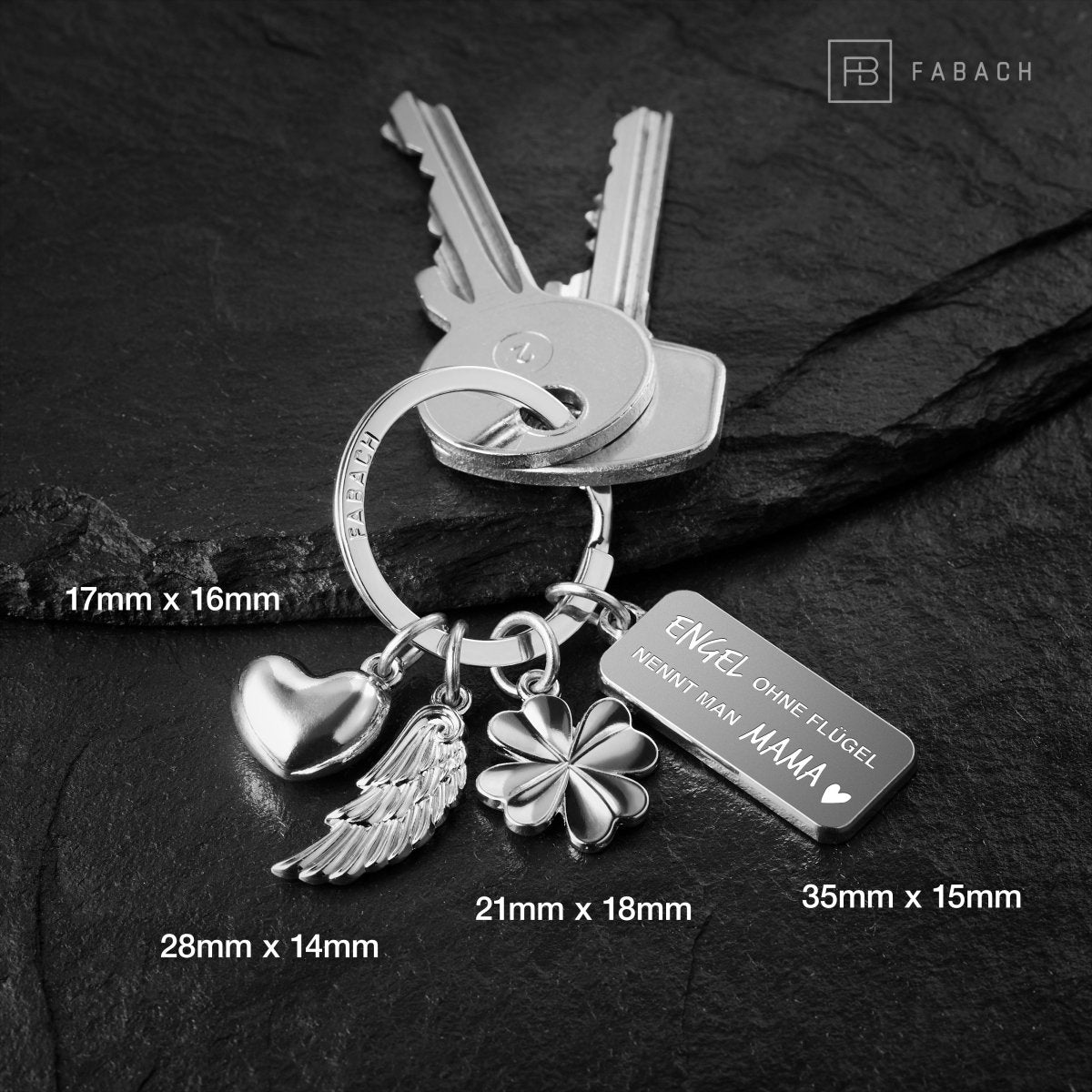 "3 Charms" Schutzengel Schlüsselanhänger - Engel Herz Kleeblatt Glücksbringer mit Botschaft Gravur "Engel ohne Flügel nennt man Mama" - FABACH#farbe_silber