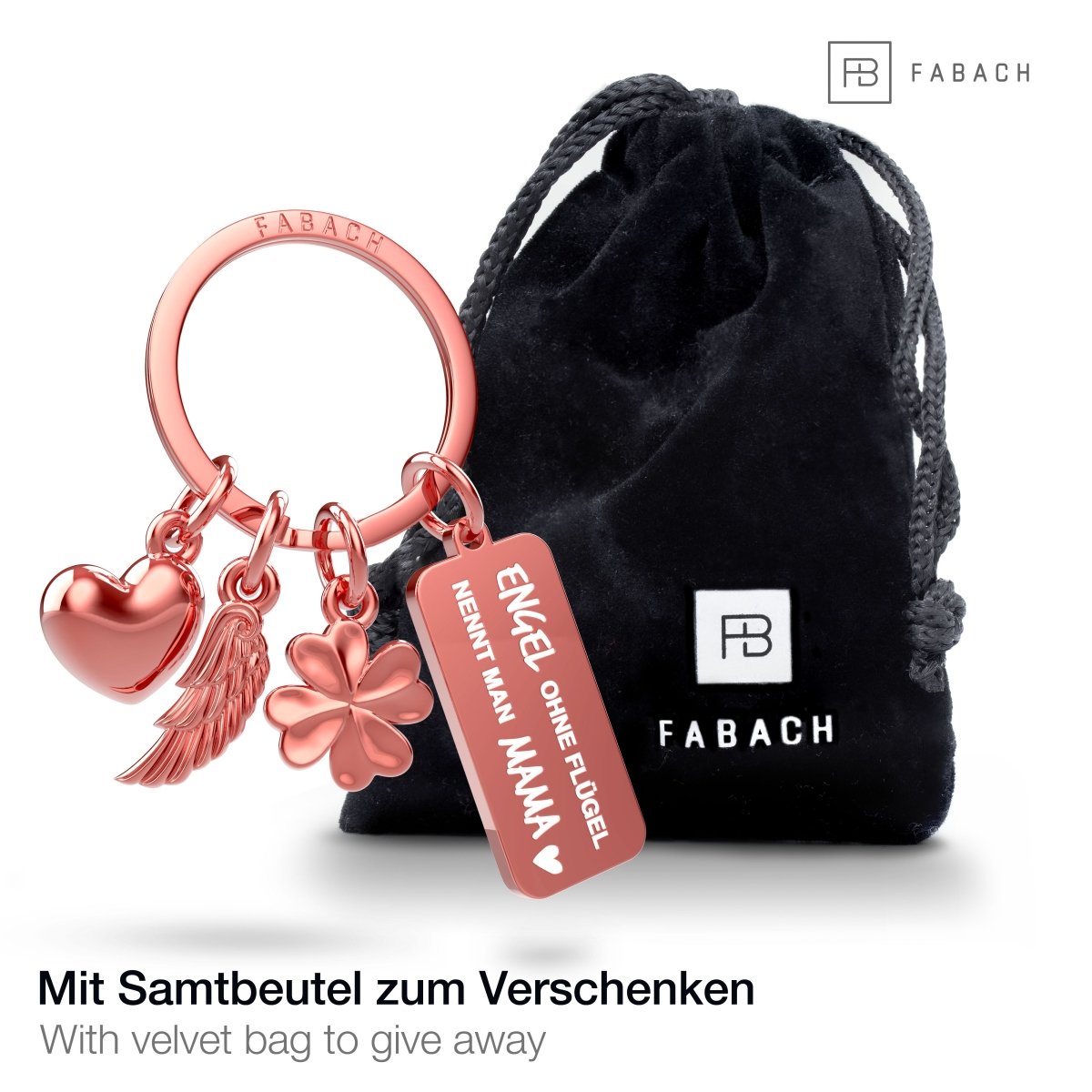 "3 Charms" Schutzengel Schlüsselanhänger - Engel Herz Kleeblatt Glücksbringer mit Botschaft Gravur "Engel ohne Flügel nennt man Mama" - FABACH#farbe_roségold
