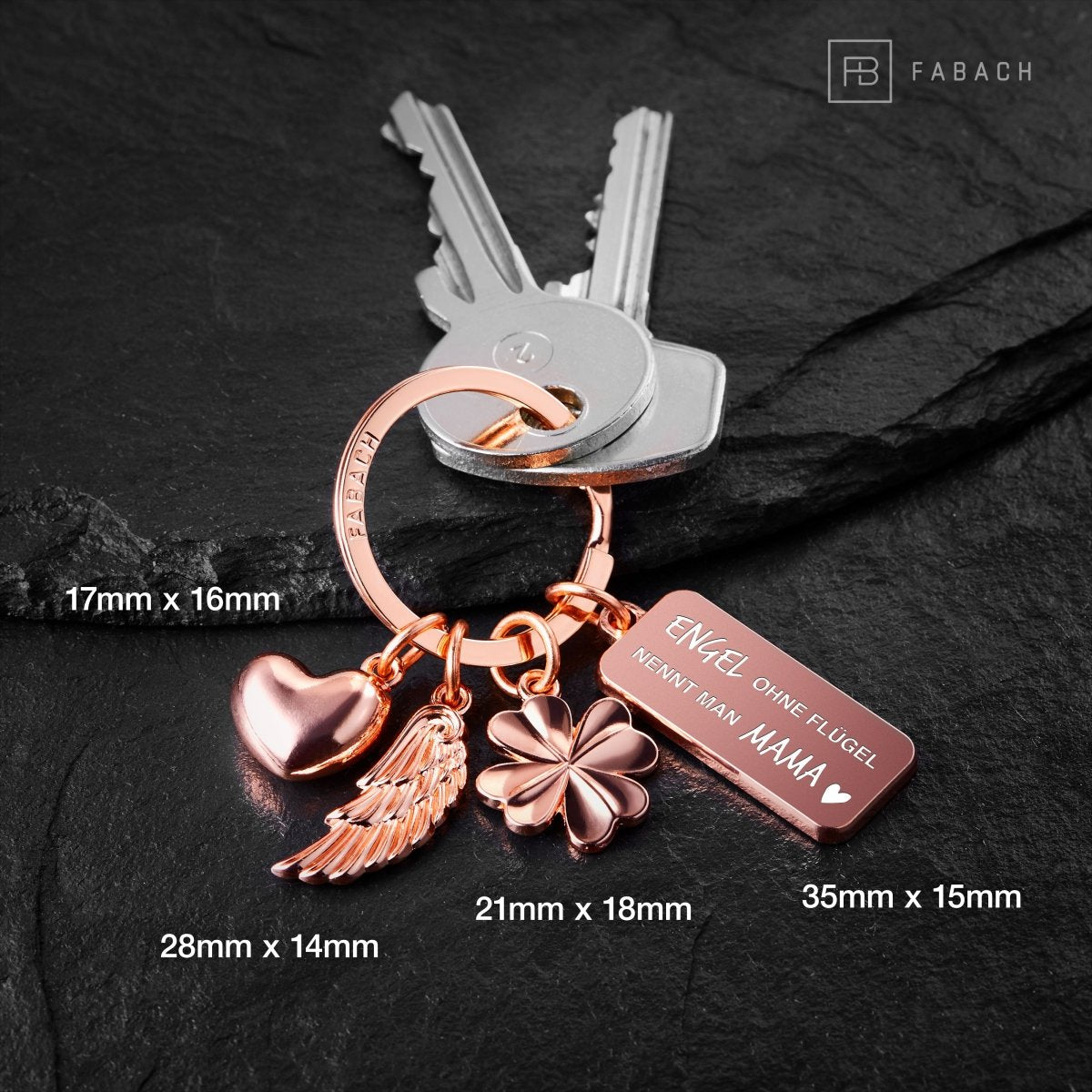 "3 Charms" Schutzengel Schlüsselanhänger - Engel Herz Kleeblatt Glücksbringer mit Botschaft Gravur "Engel ohne Flügel nennt man Mama" - FABACH#farbe_roségold