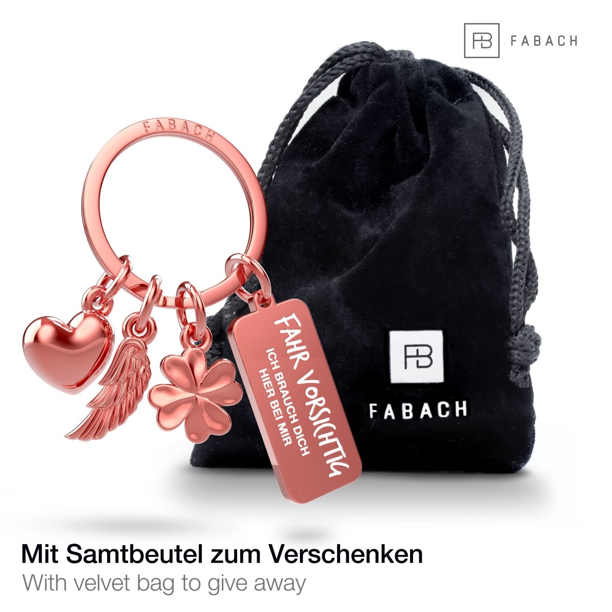 "3 Charms" Schutzengel Schlüsselanhänger - Engel Herz Kleeblatt Glücksbringer mit Botschaft Gravur "Fahr vorsichtig - Ich brauche Dich" - FABACH#farbe_roségold