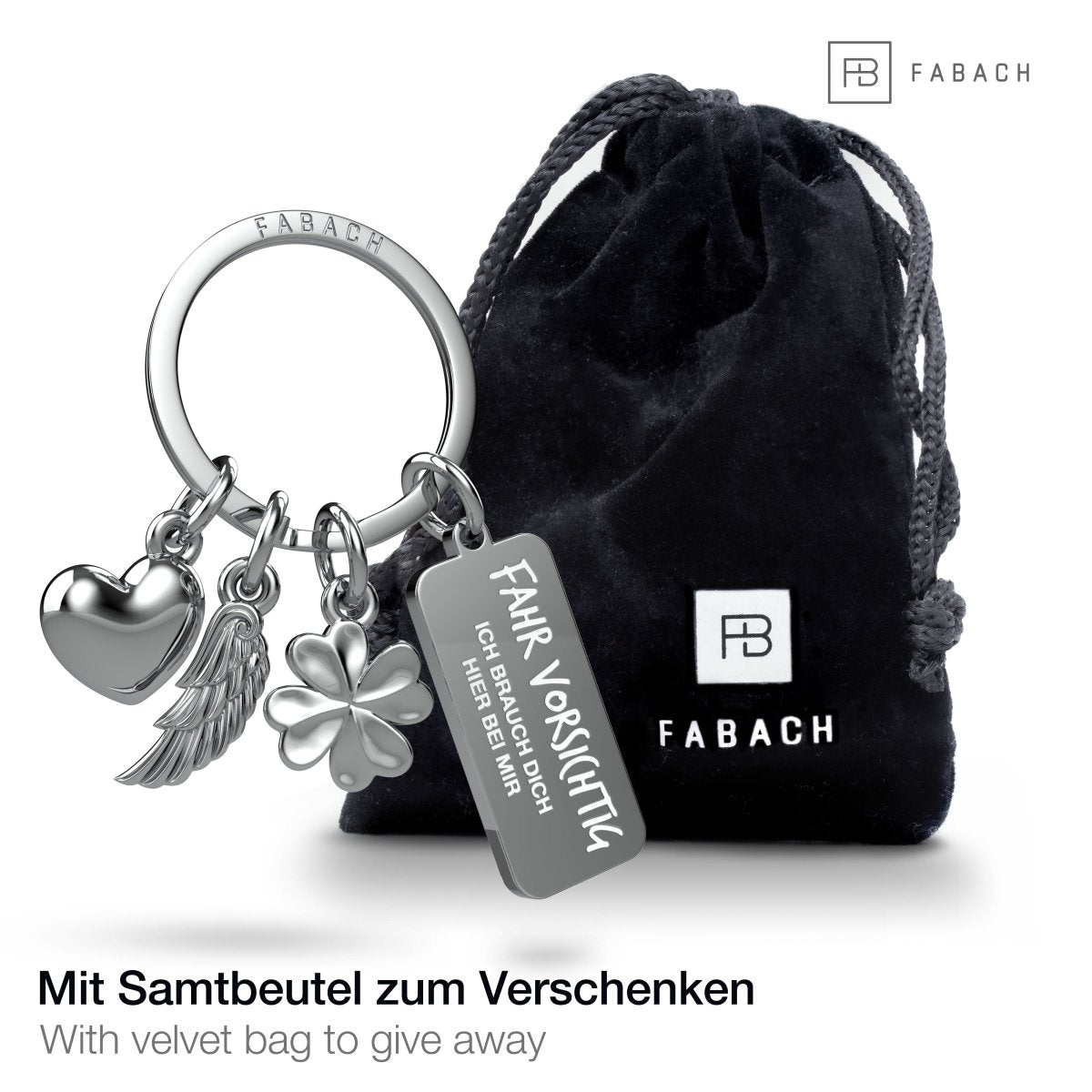 "3 Charms" Schutzengel Schlüsselanhänger - Engel Herz Kleeblatt Glücksbringer mit Botschaft Gravur "Fahr vorsichtig - Ich brauche Dich" - FABACH#farbe_silber