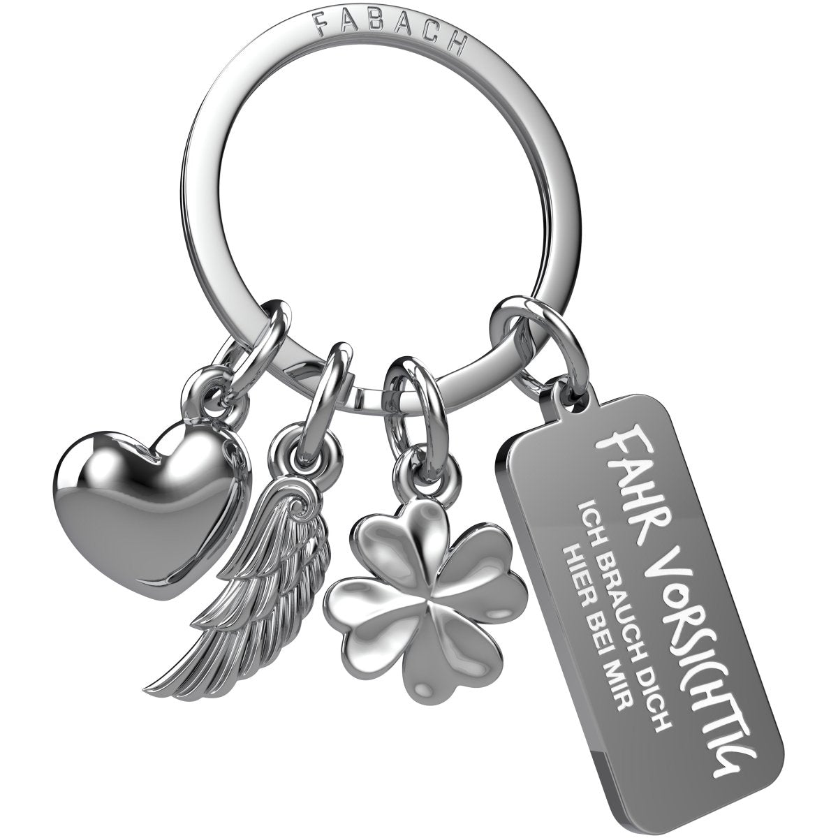 "3 Charms" Schutzengel Schlüsselanhänger - Engel Herz Kleeblatt Glücksbringer mit Botschaft Gravur "Fahr vorsichtig - Ich brauche Dich" - FABACH#farbe_silber