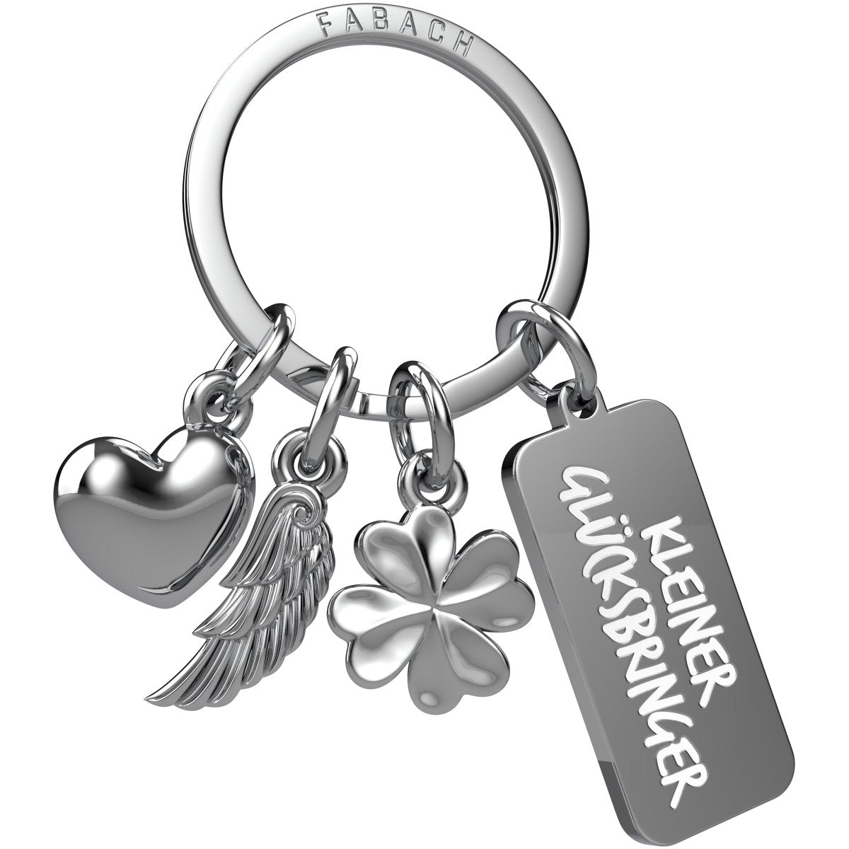 "3 Charms" Schutzengel Schlüsselanhänger - Engel Herz Kleeblatt Glücksbringer mit Botschaft Gravur "Kleiner Glücksbringer" - FABACH #farbe_silber