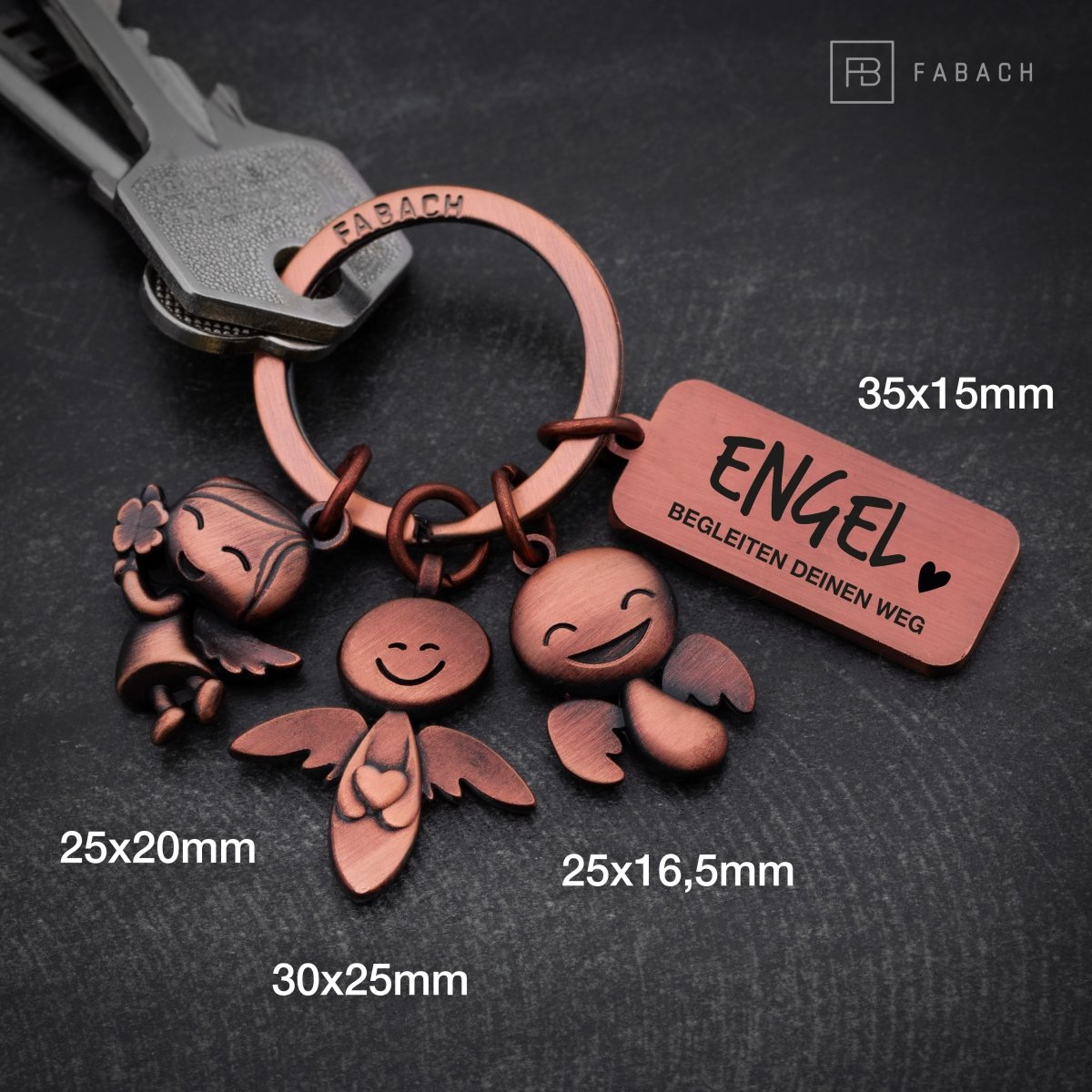 "3 Engel" Schutzengel Schlüsselanhänger - Engel Glücksbringer mit Botschaft Gravur "Engel begleiten deinen Weg" - FABACH#farbe_antique roségold#botschaft_engel begleiten deinen weg
