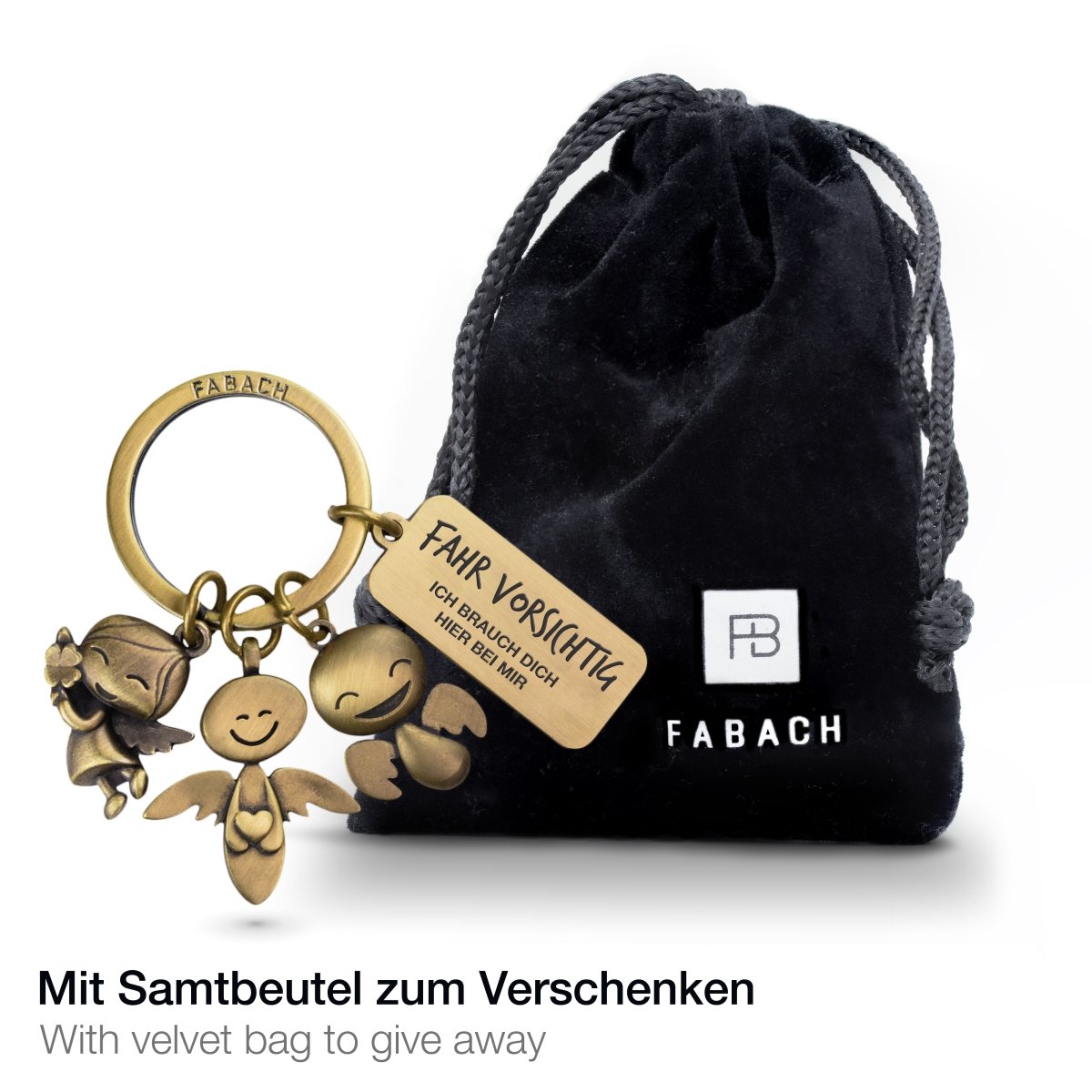 "3 Engel" Schutzengel Schlüsselanhänger - Engel Glücksbringer mit Botschaft Gravur "Fahr vorsichtig - Ich brauche Dich hier bei mir" - FABACH#farbe_antique bronze#botschaft_Fahr vorsichtig ich brauch dich hier bei mir